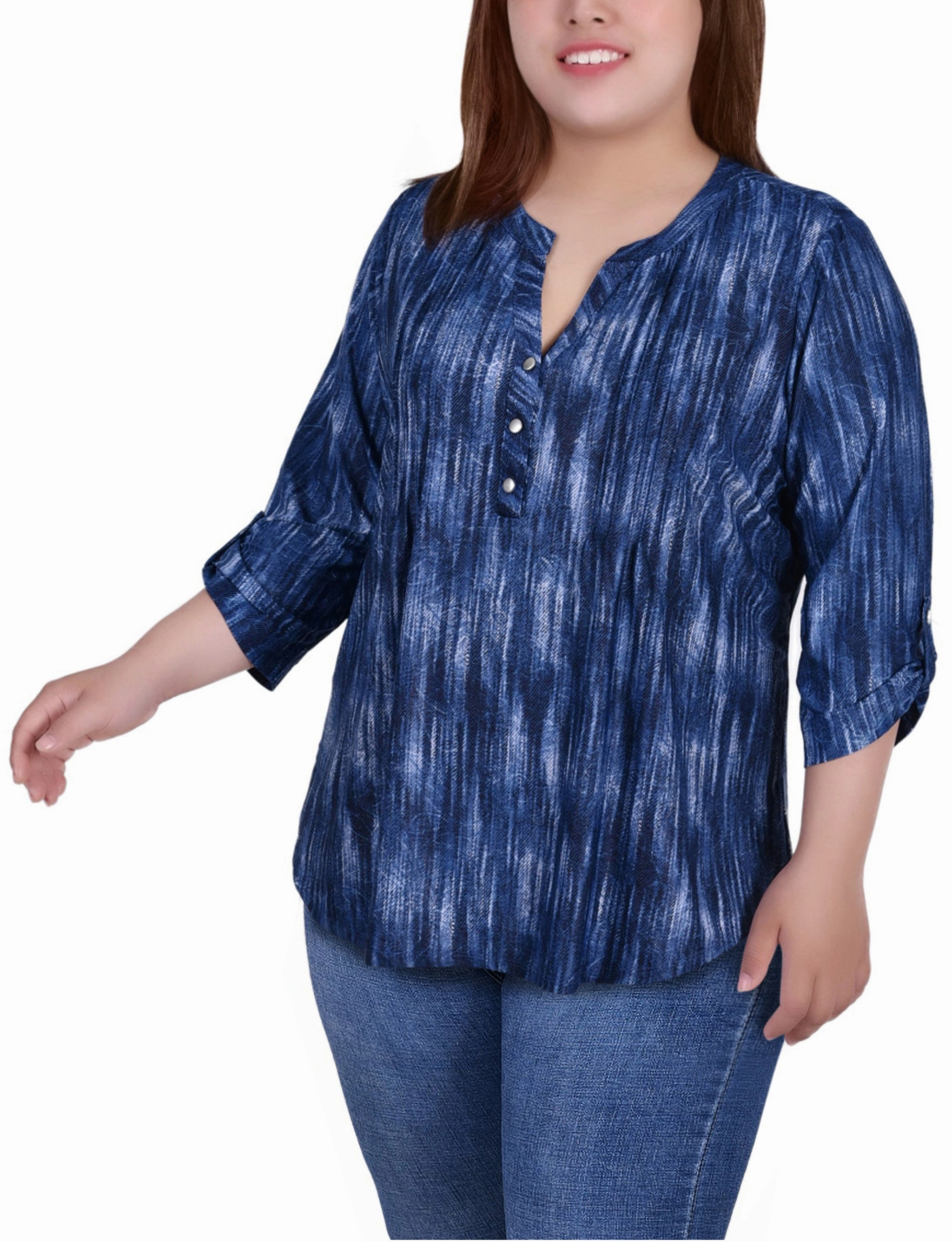 ZeroWaste Pattern Plus Size 3/4 Sleeve Roll Tab Y Neck Pullover Top