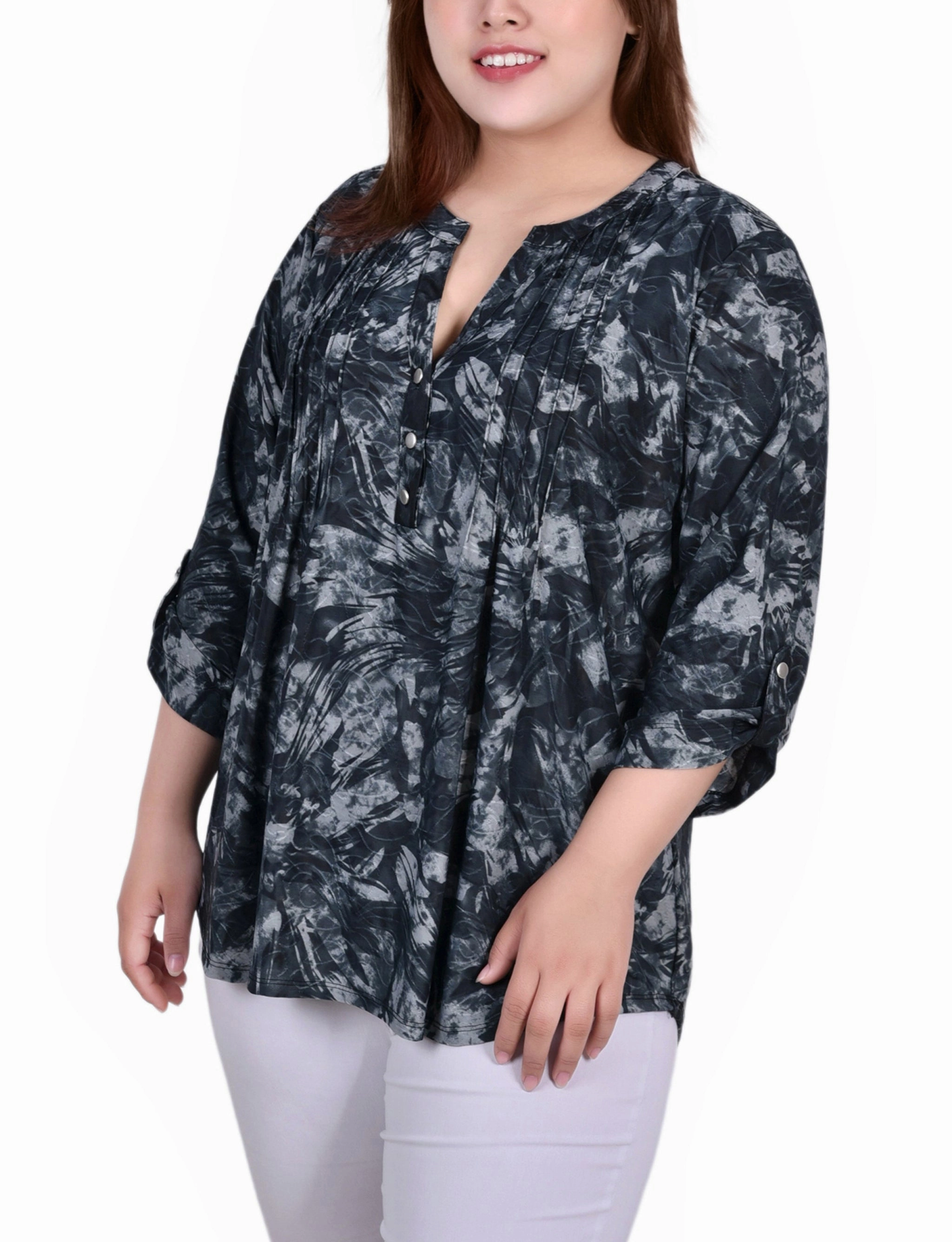 Plus Size 3/4 Sleeve Roll Tab Y Neck Pullover Top QuickRelease Closures