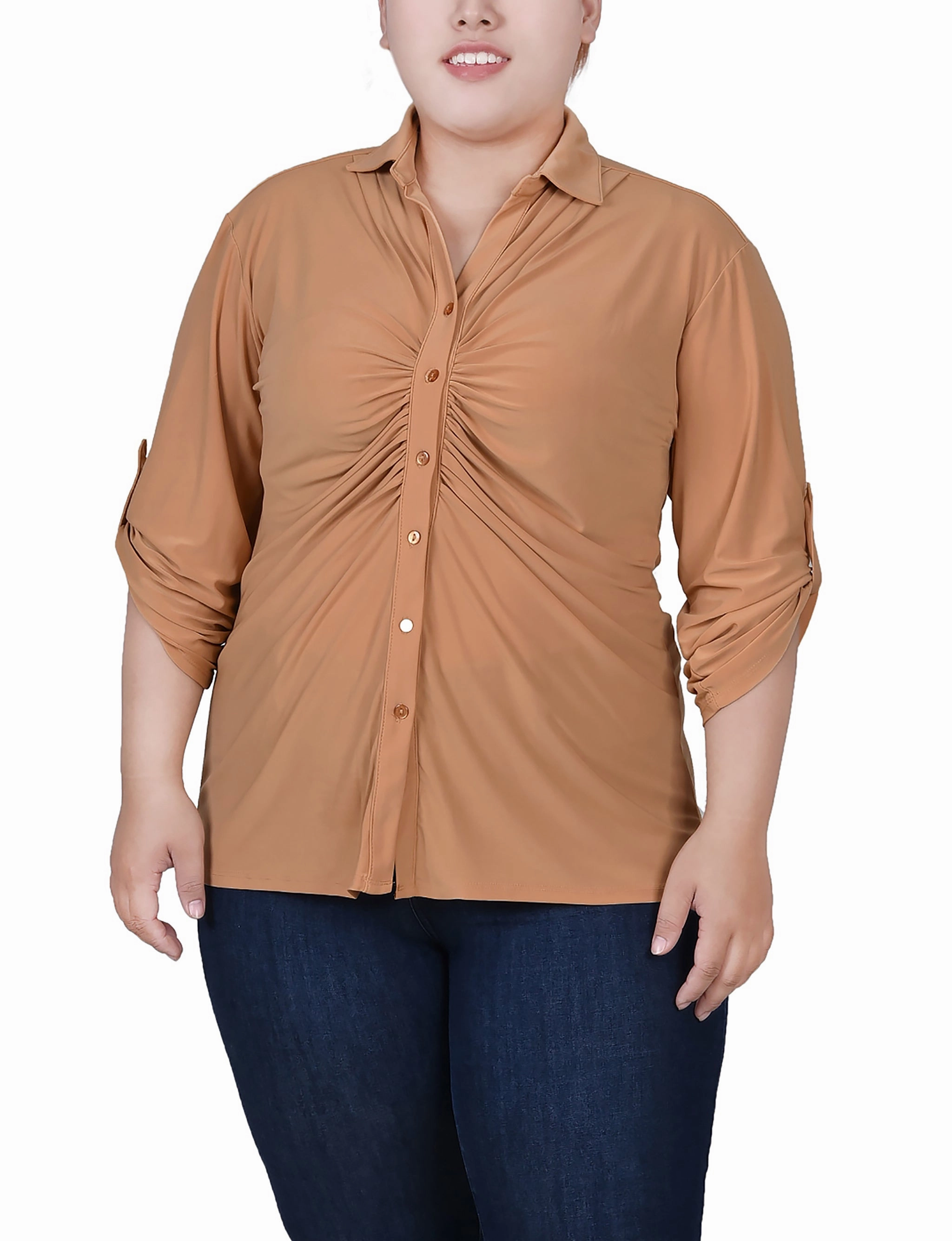 Bound Edges simple design Plus Size 3/4 Roll Tab Rouched-Front Top
