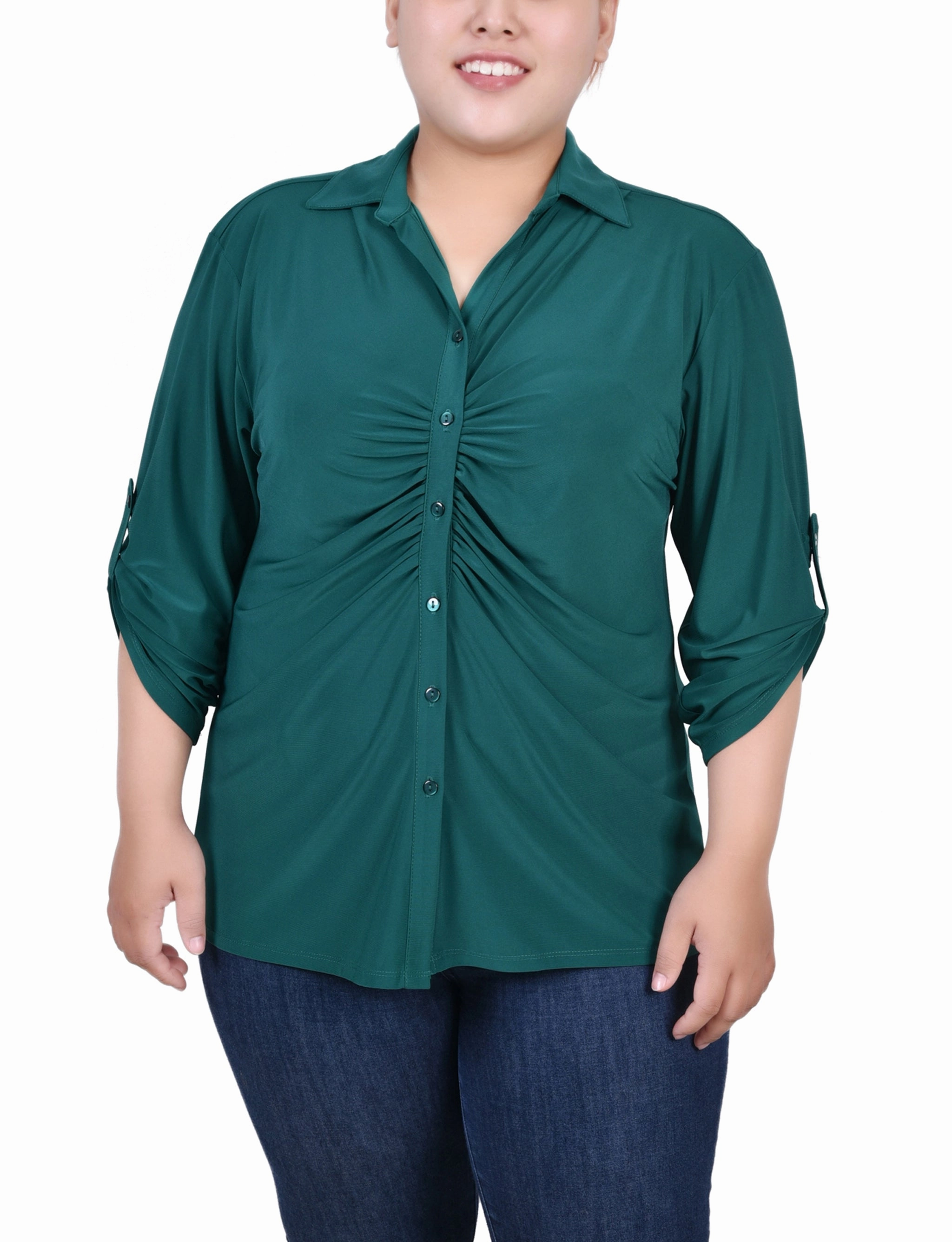 Versatile Layering Plus Size 3/4 Roll Tab Rouched-Front Top