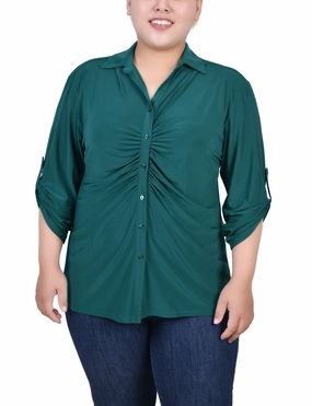 Versatile Layering Plus Size 3/4 Roll Tab Rouched-Front Top