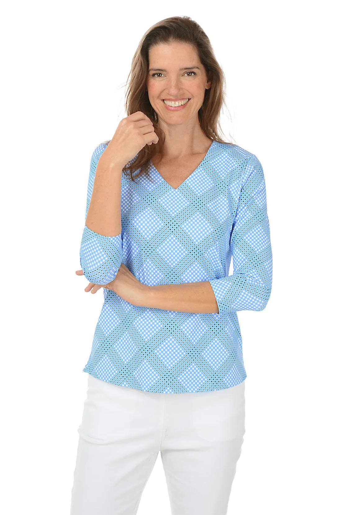 Diagonal Gingham Classic UPF50  V-Neck Top UPFProtection Sporty Sweatshirt