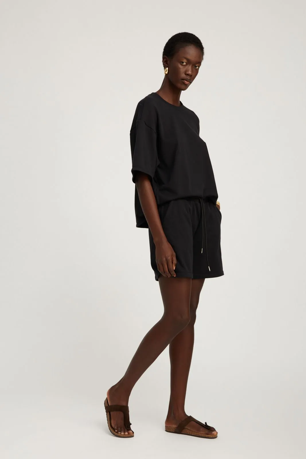 Black Cotton Terry Baggy Sweatshorts Outdoor Wear Raw Edge Finish