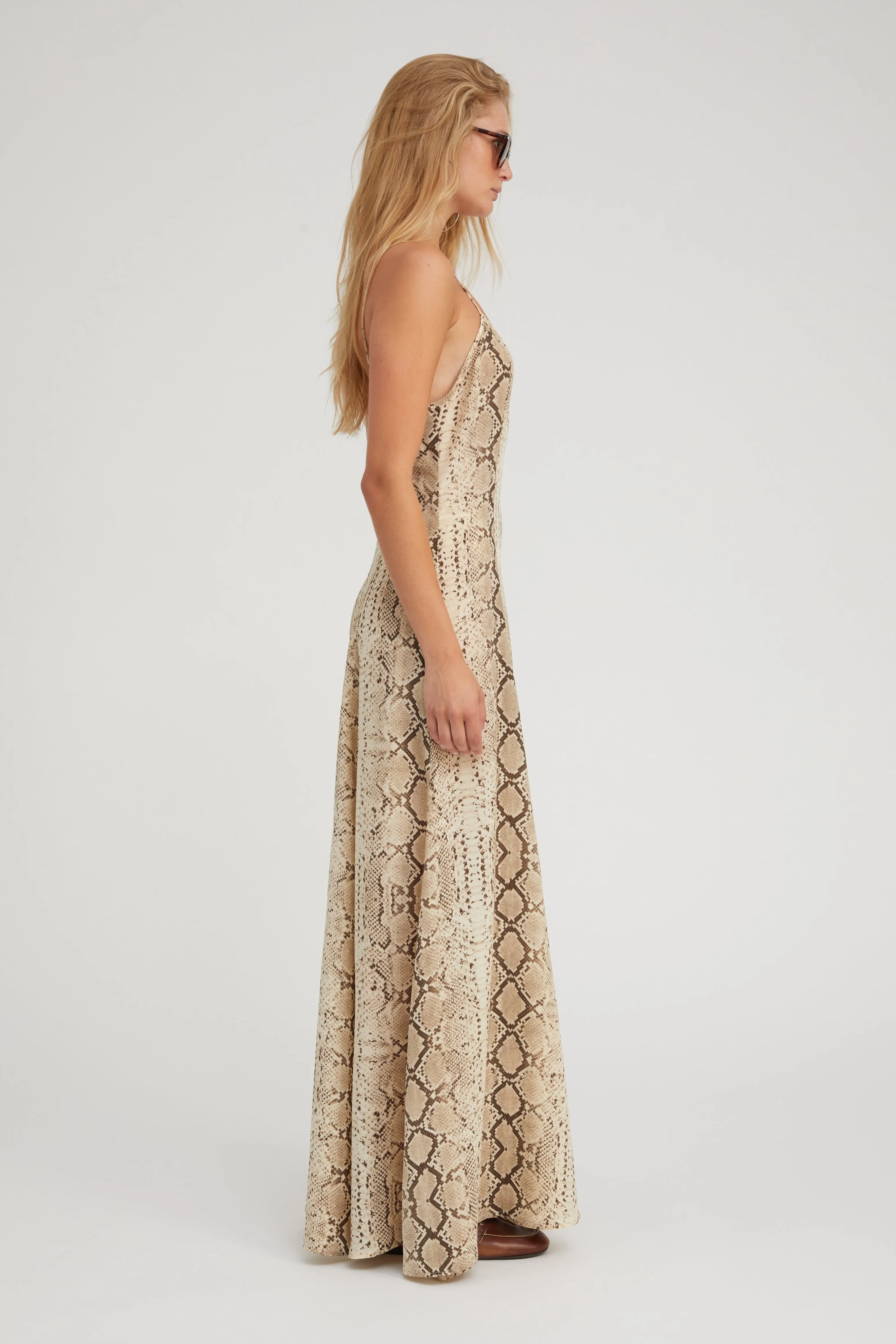 Beige Snakeskin Silk Maxi Dress Date night Layering-Piece