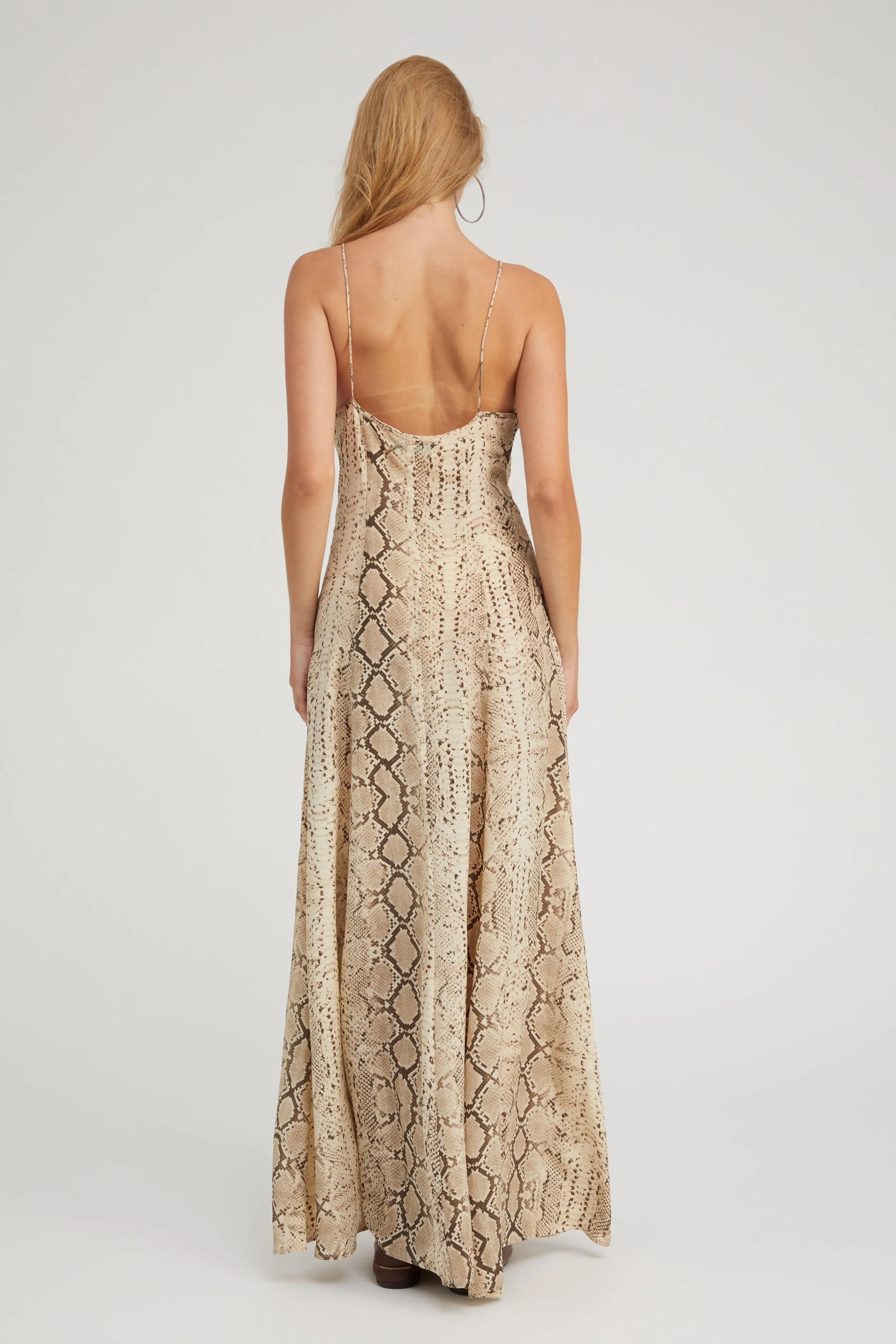 Classic A-line design Light Shape Beige Snakeskin Silk Maxi Dress