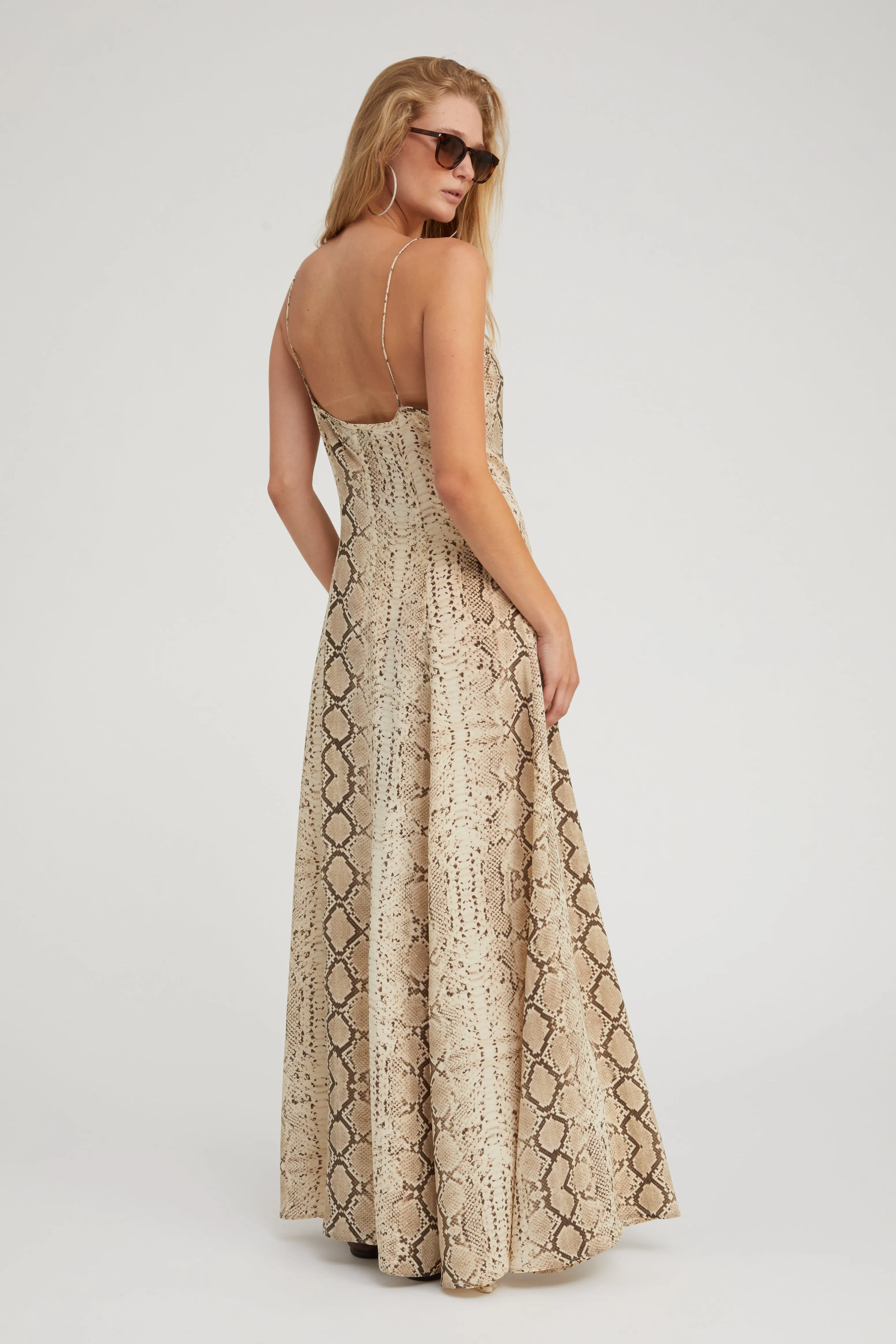 Beige Snakeskin Silk Maxi Dress Front-Slit