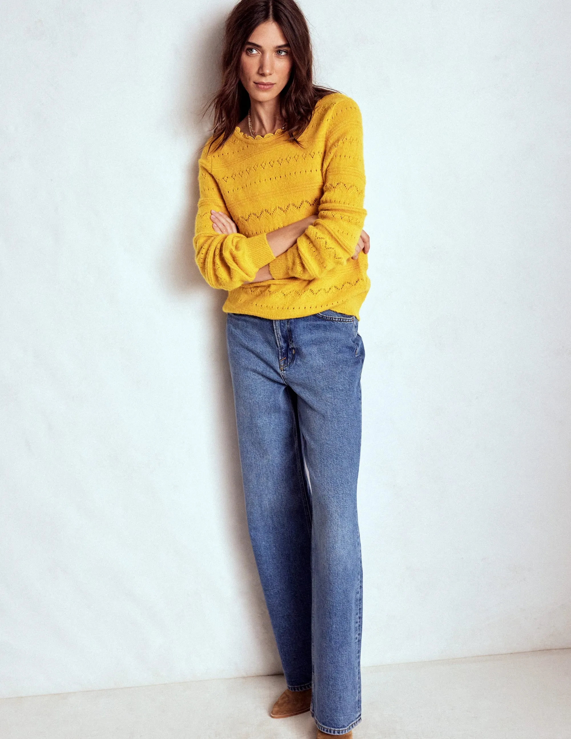 Colorfast Clothing Lightweight Fabric Leticia Lace Trim Jumper-Golden Rye