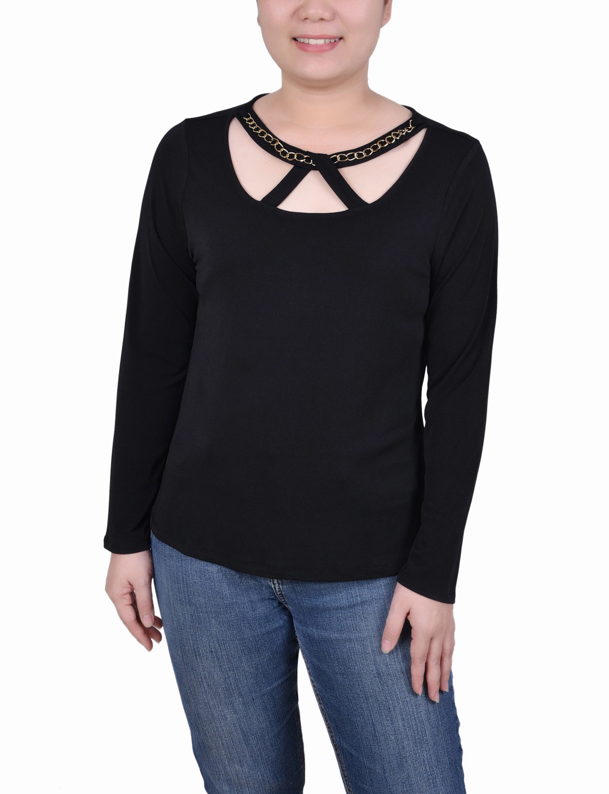 Long Sleeve Jeweled Neck Top Ribbed Trims Durable Fiber Blend