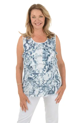 Navy Ikat Fringe Tiered Sleeveless Blouse Buttery Soft Handfeel Contrast Stitch