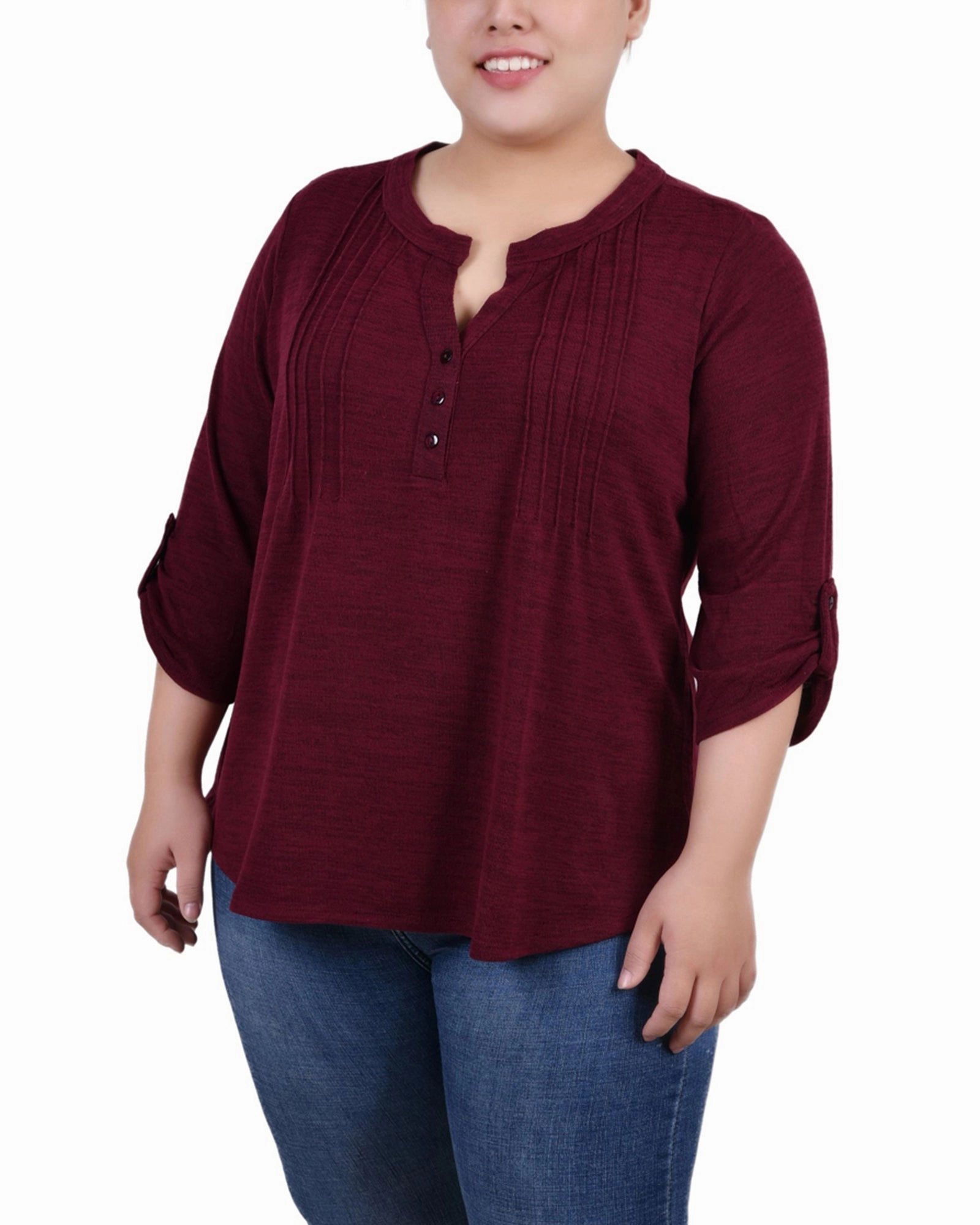 Plus Size 3/4 Roll Tab Sleeve Y Neck Top MinimalistSilhouette MultiLayer Stitching