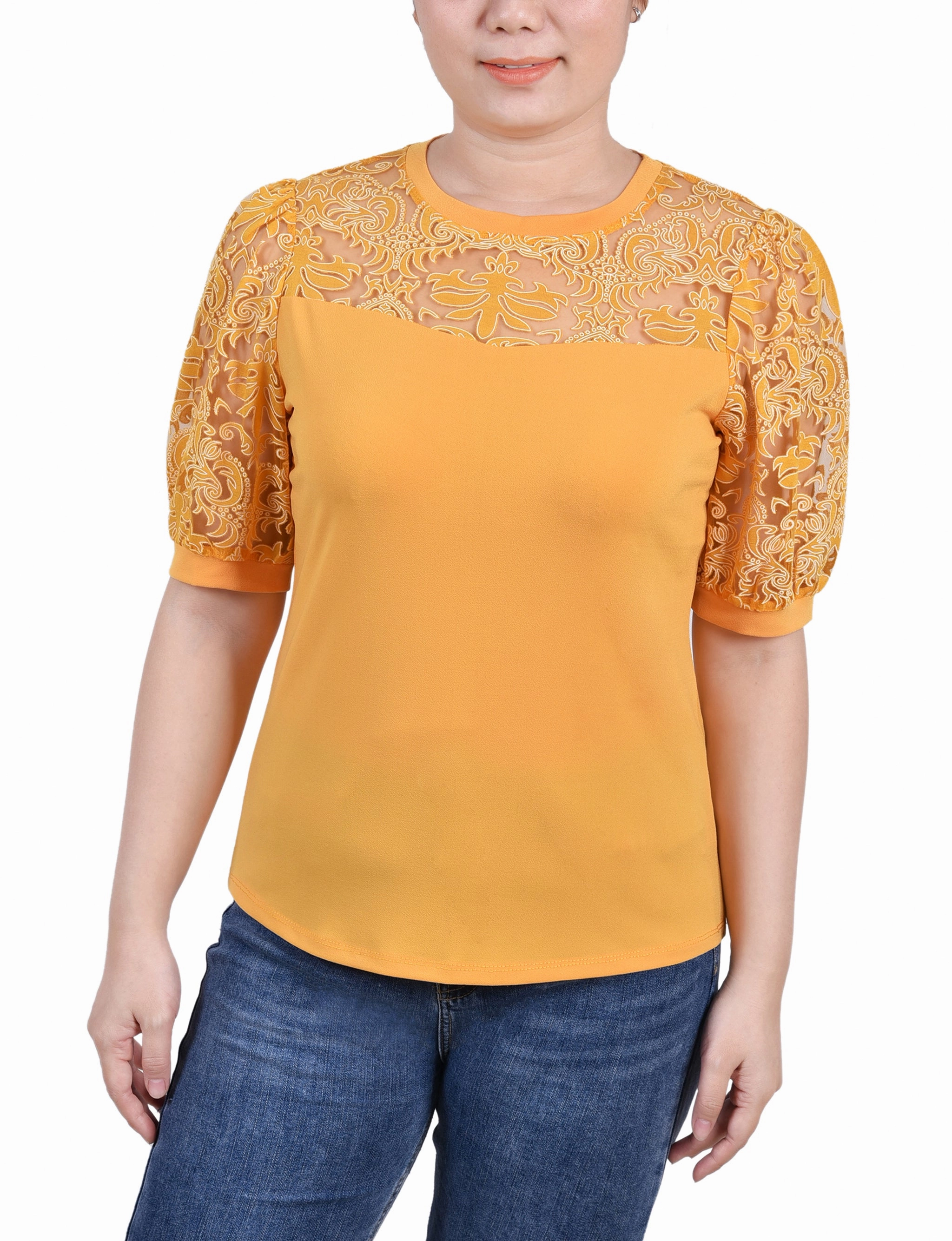Petite Puff Lace-Sleeve Top Relaxed Design