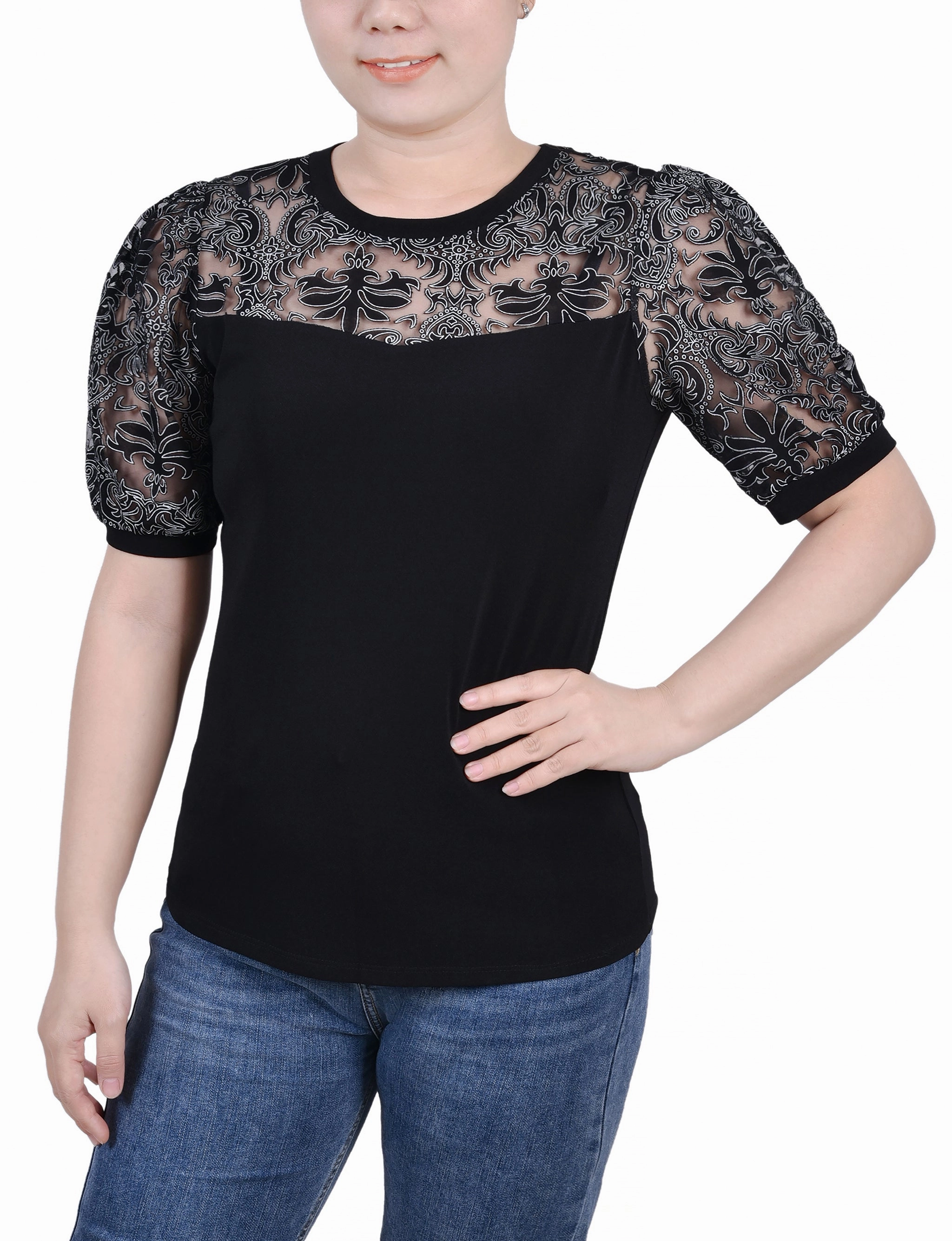 WrinkleResistantFinish DropShoulder Petite Puff Lace-Sleeve Top