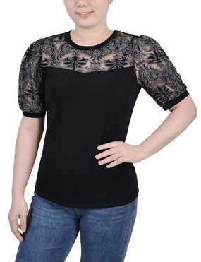Drop Shoulder Design Petite Puff Lace-Sleeve Top