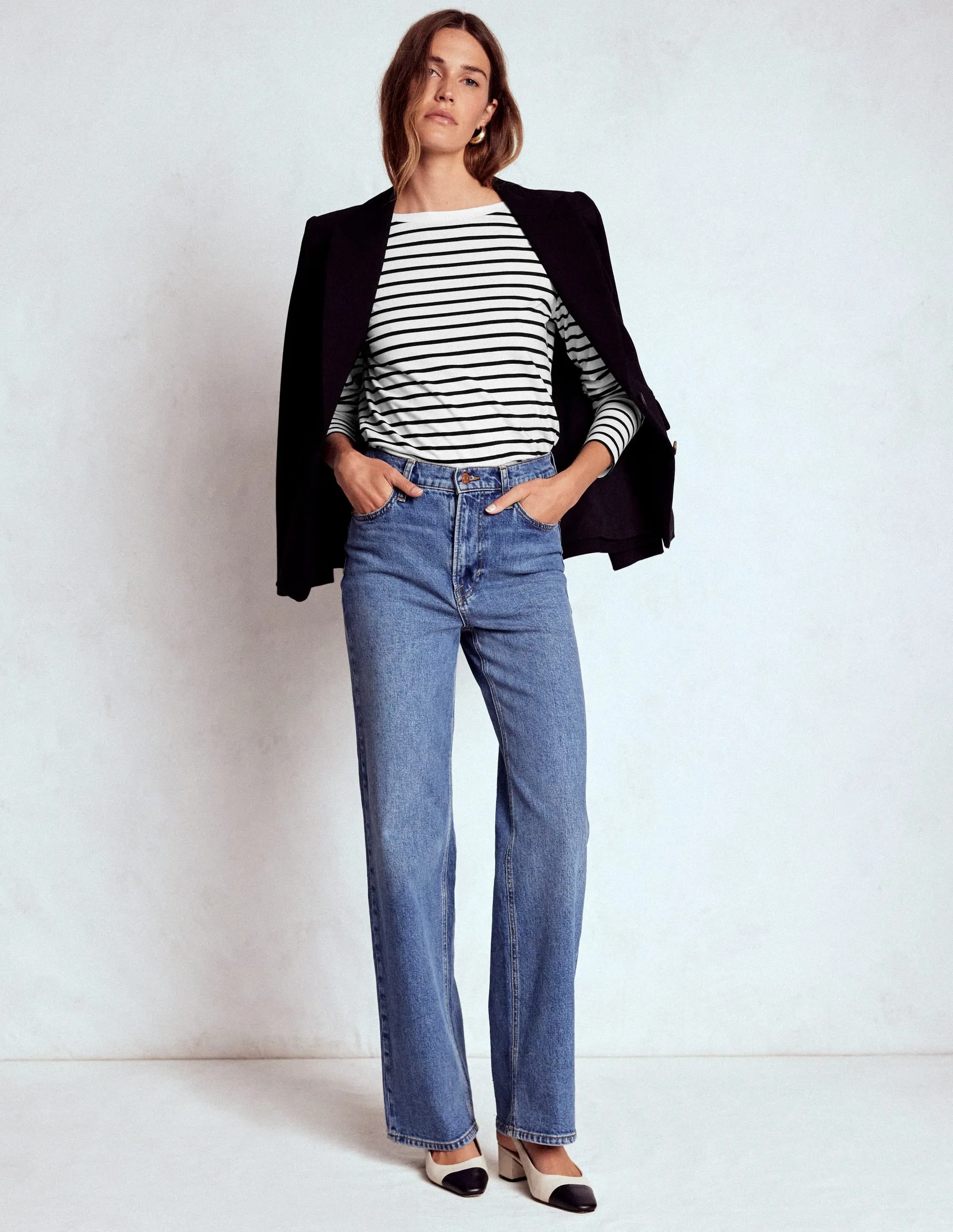 Olivia Long Sleeve Breton-Ivory, Black VNeckReinforcement Relaxed Look