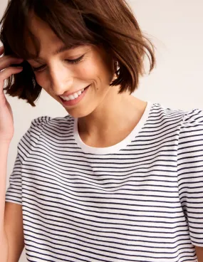 Cotton Puff Sleeve T-Shirt-Ivory, Navy Stripe Antibacterial Fabric