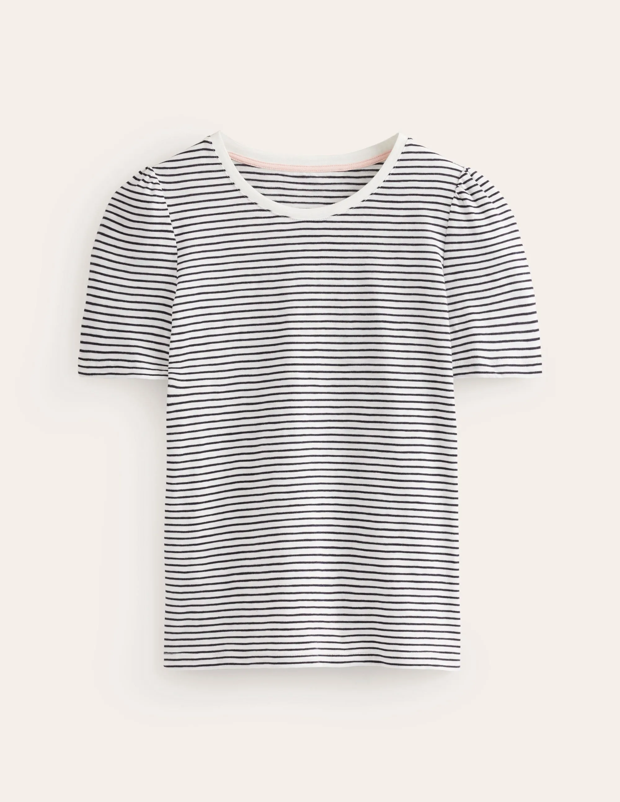 Cotton Puff Sleeve T-Shirt-Ivory, Navy Stripe StainResistantFinish