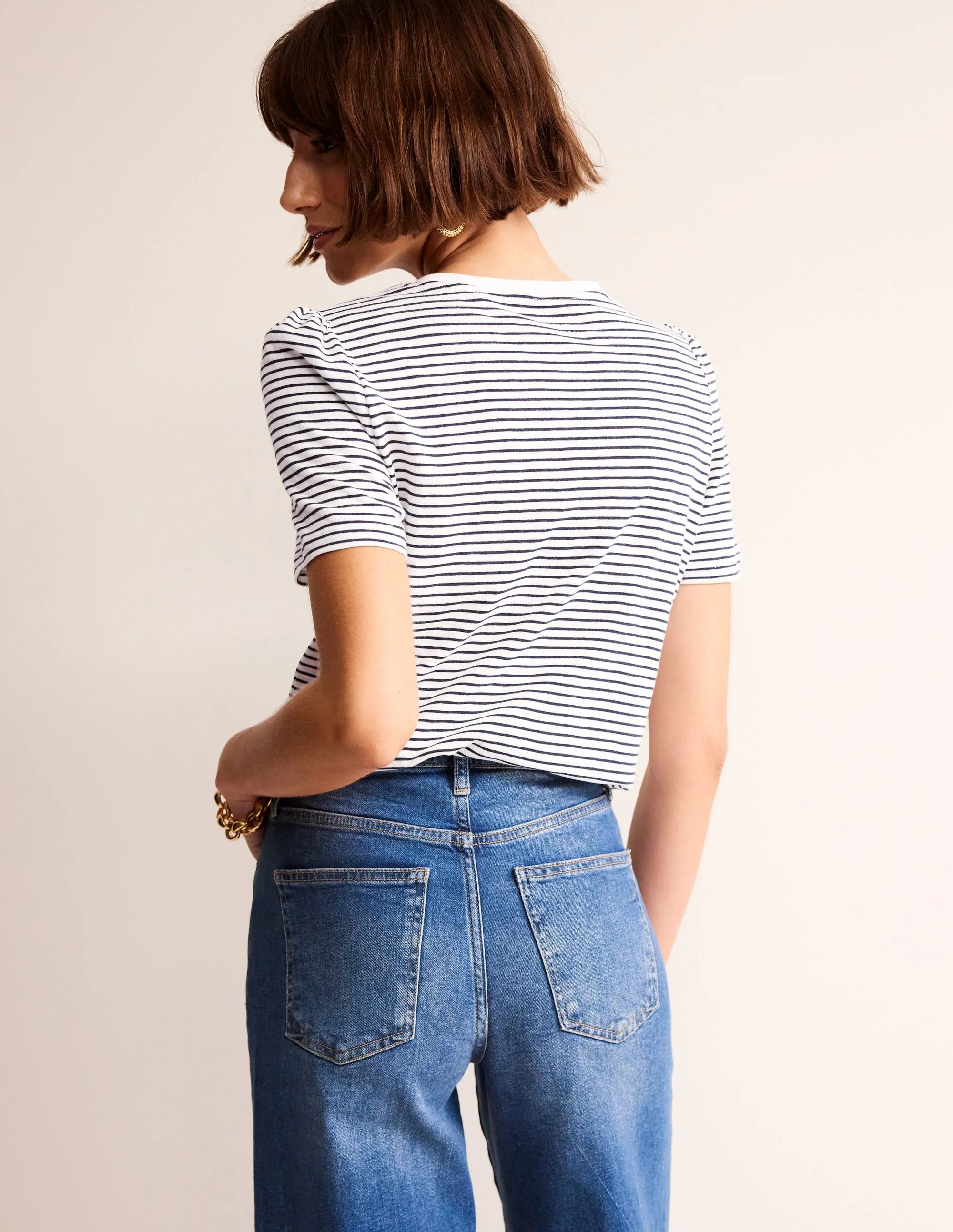 Cotton Puff Sleeve T-Shirt-Ivory, Navy Stripe Machine Washable Fabric