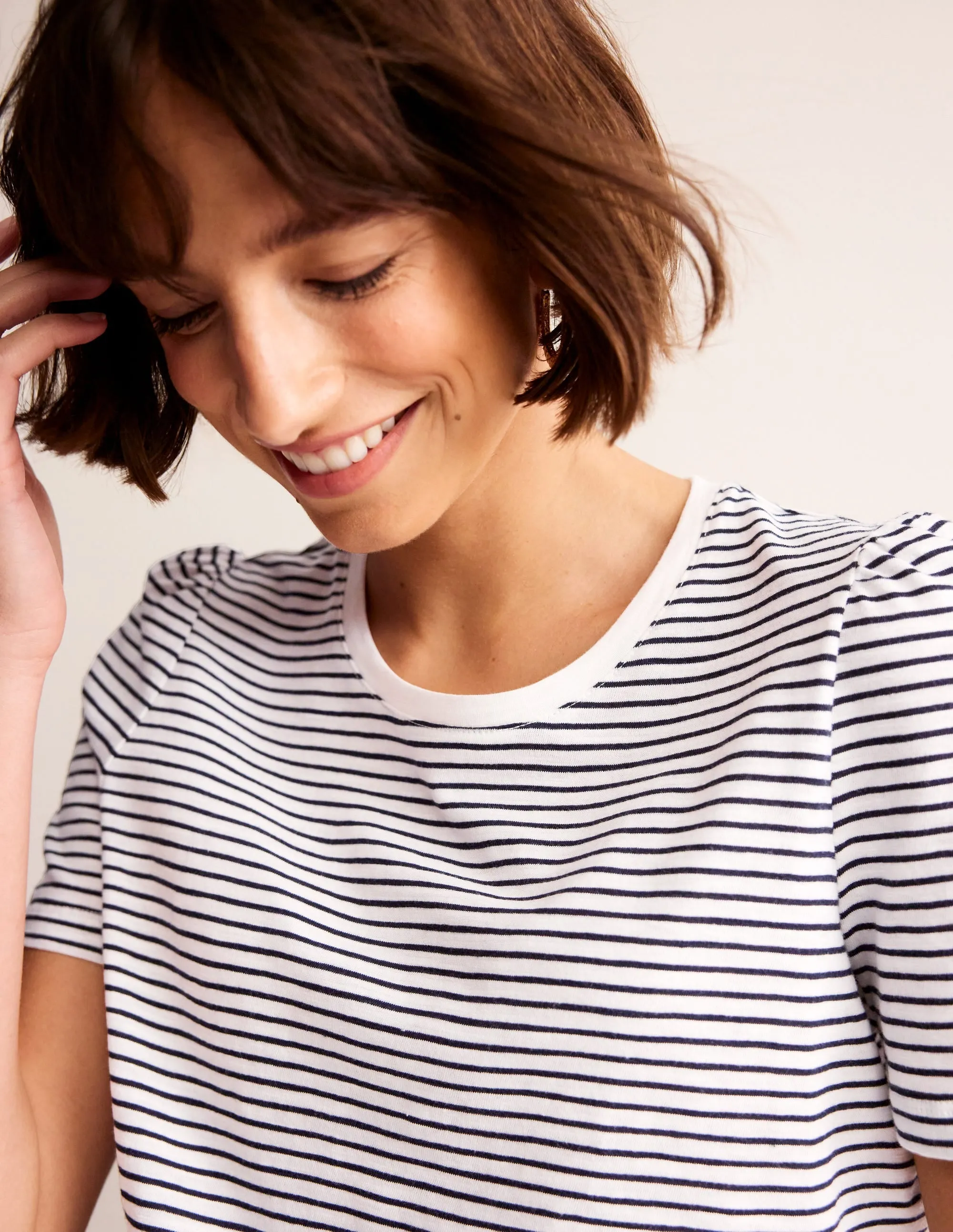 Cotton Puff Sleeve T-Shirt-Ivory, Navy Stripe Antibacterial Fabric