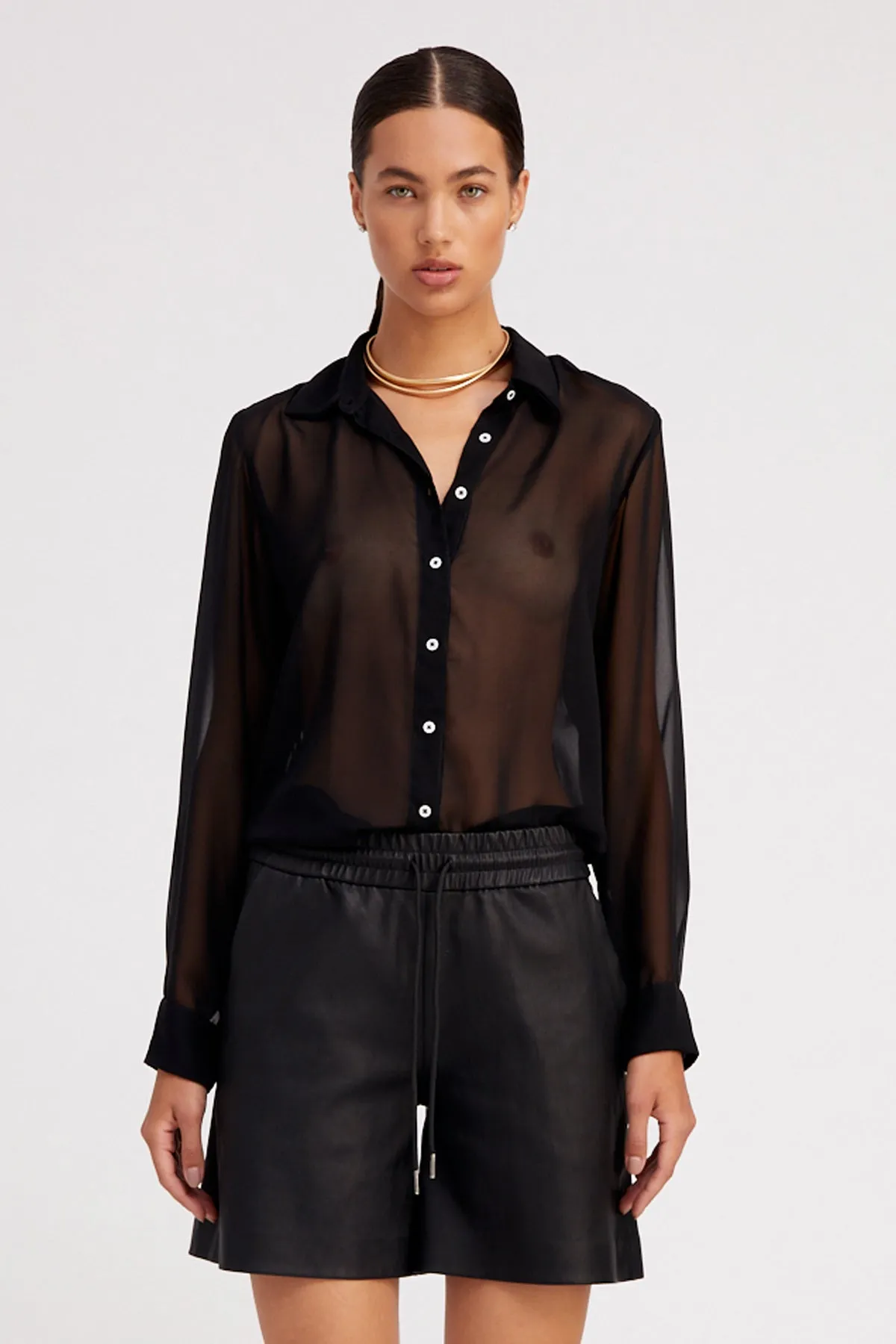 Black Silk Fitted Button Down NonRestrictiveCollar FrictionResistant Fabric