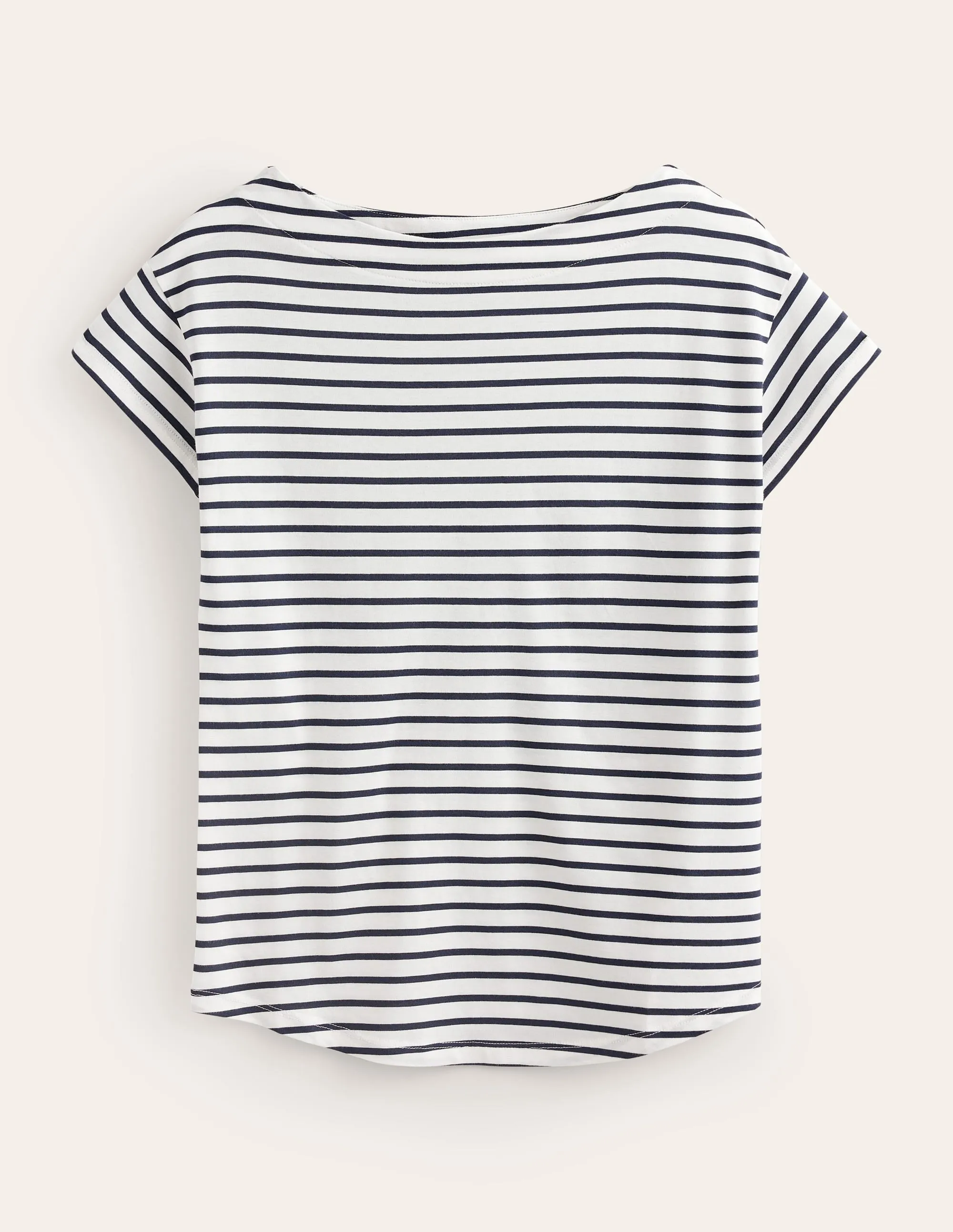 Supersoft Boat Neck T-Shirt-Ivory, Navy Stripe WrinkleFree Fabric Sporty Style