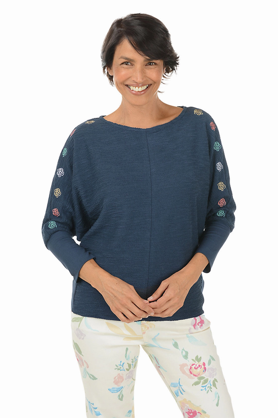 MultiDirectionalStretch Rose Embroidered Batwing Sleeve Sweater