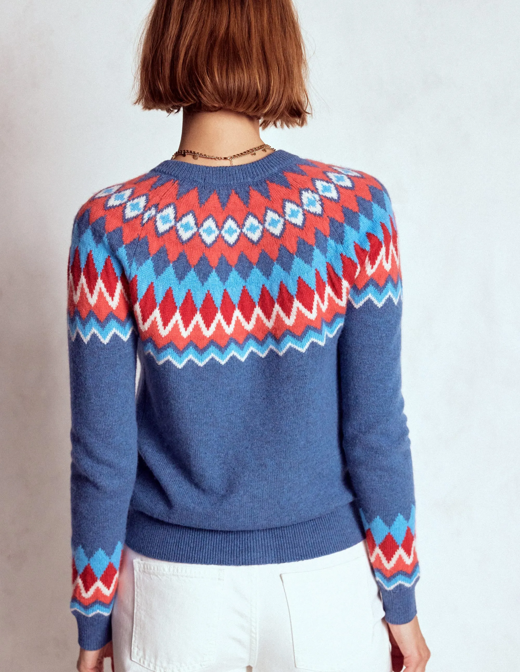 WrinkleResistant Finish Biodegradable Fiber Construction Edie Fair Isle Cardigan-Blue Fair Isle