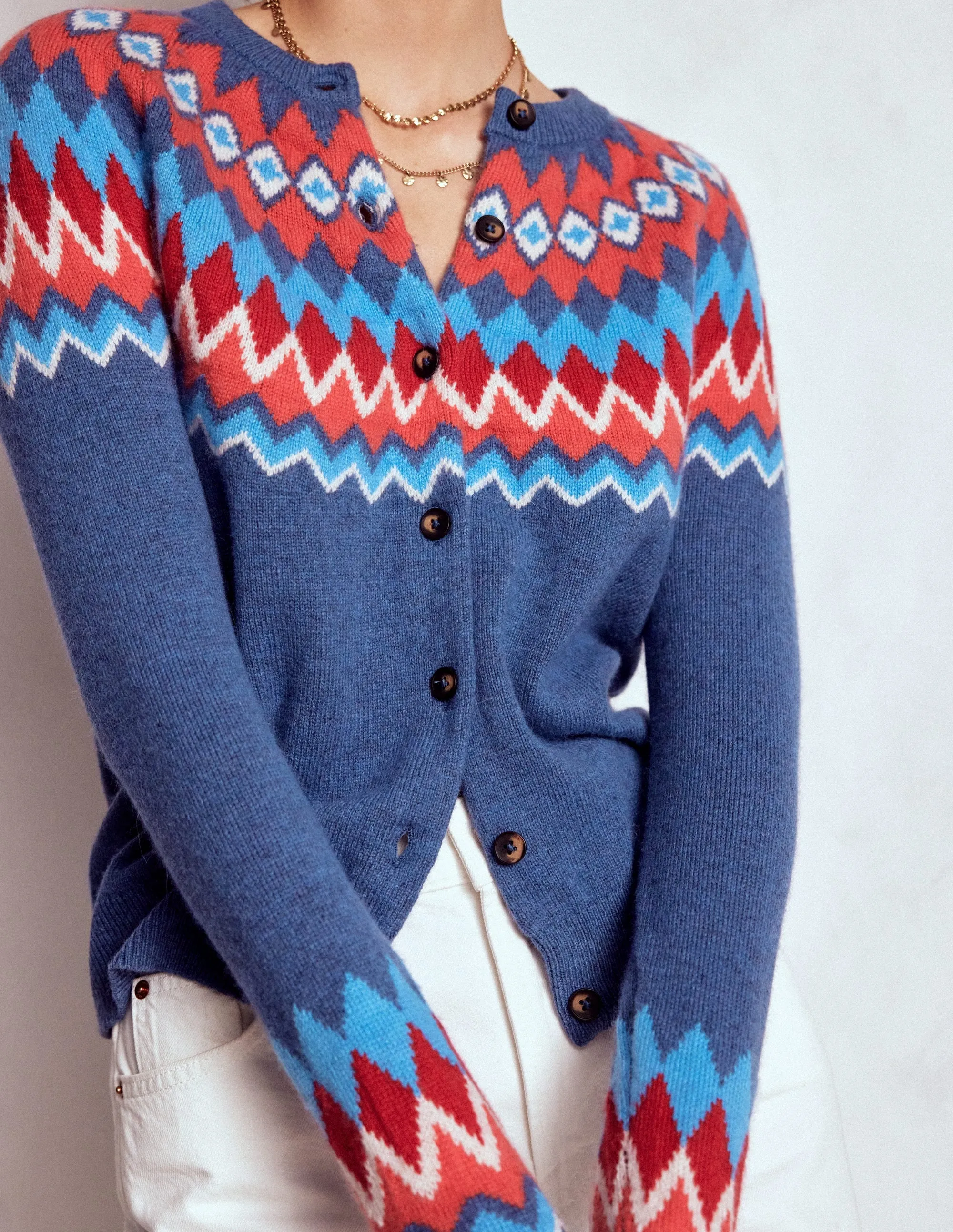 Sweater Pilling Prevention Tips Edie Fair Isle Cardigan-Blue Fair Isle