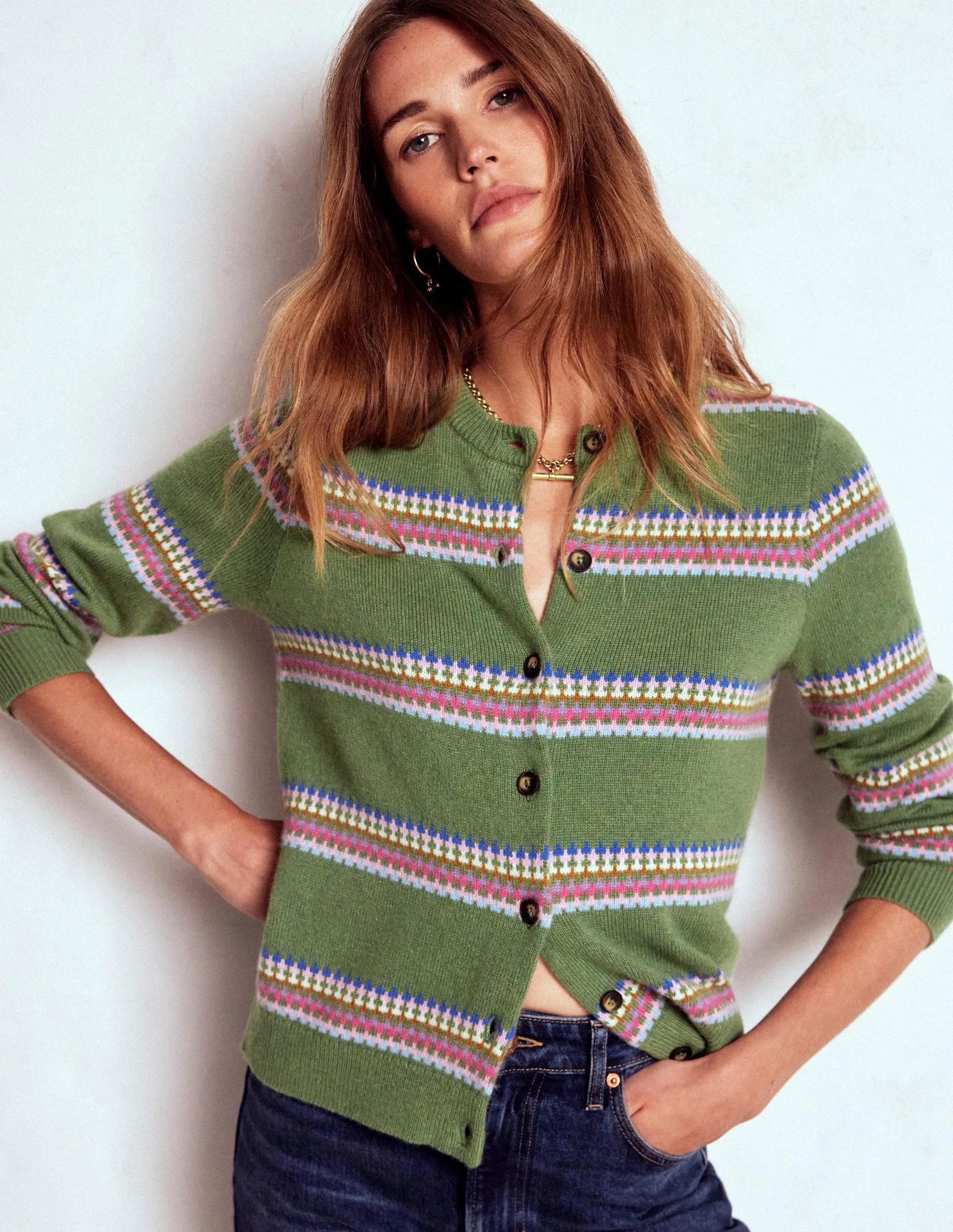 Textured Surface Cold Casual Outfit Edie Fair Isle Cardigan-Green, Diamond