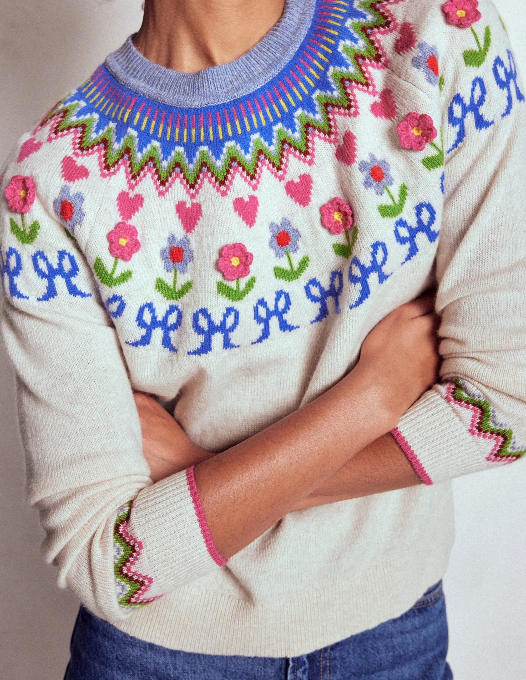 Edie Fair Isle Jumper-Oatmeal Melange, Flowers Light Warmth