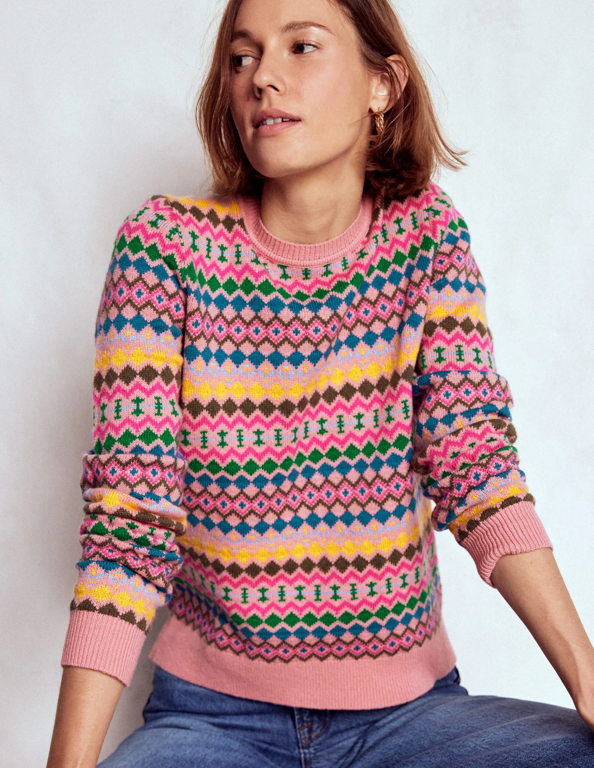 KnitCuff Reinforcements Edie Fair Isle Jumper-Pink, Geo Fair Isle
