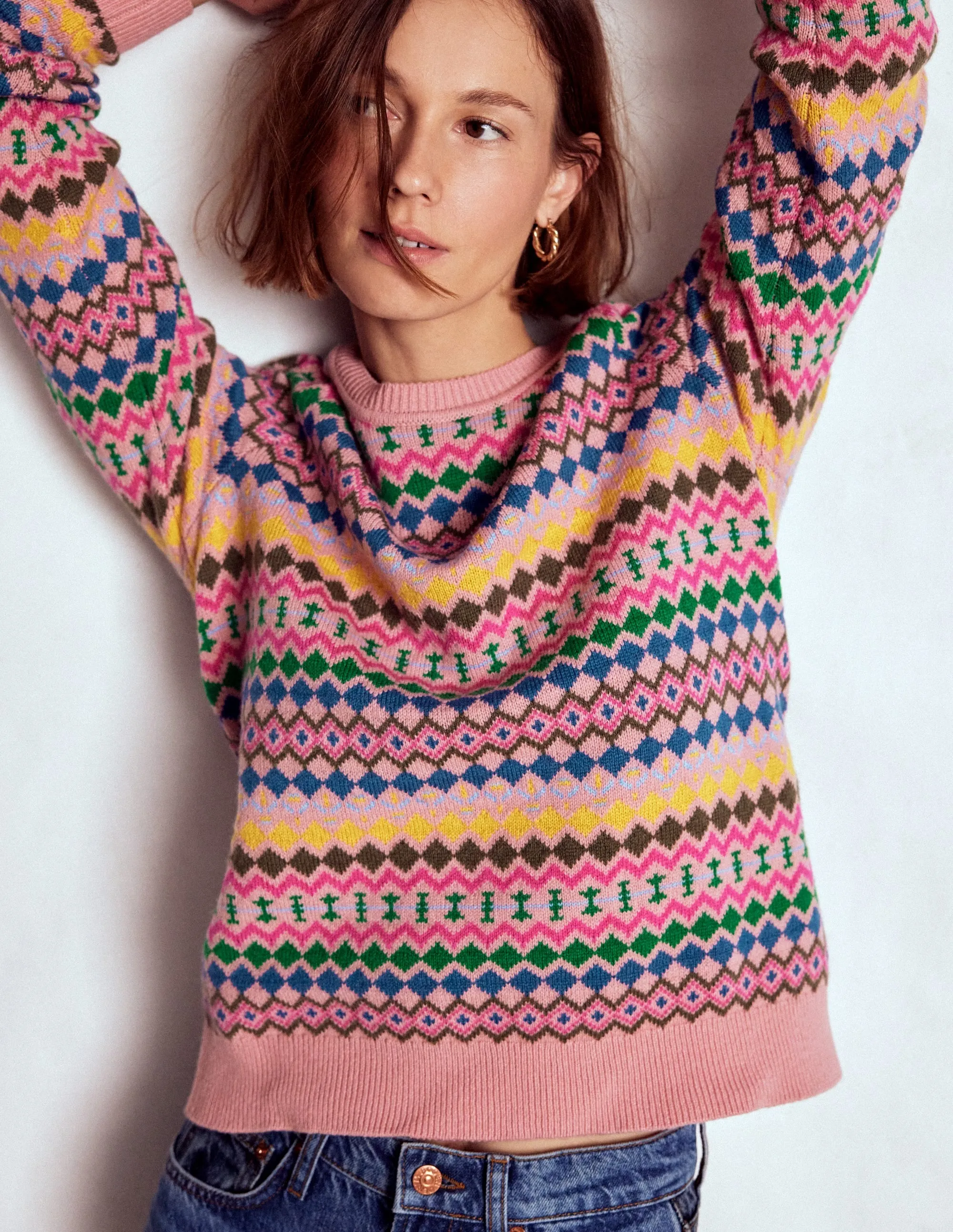 Odor Resistant Edie Fair Isle Jumper-Pink, Geo Fair Isle