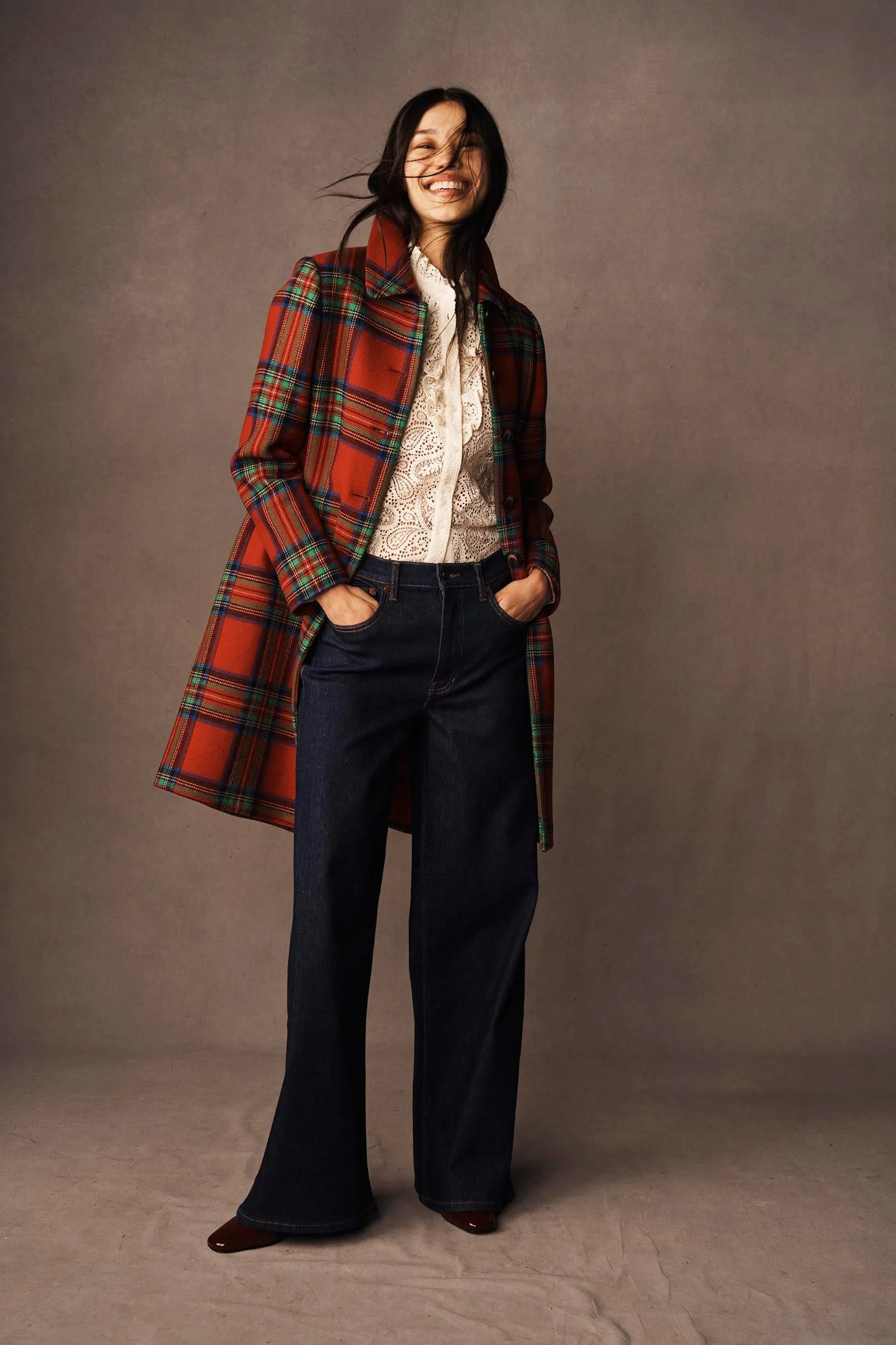 Everyday Urban Style Thermo Regulating Fabric Edinburgh Swing Coat-Red, Blue and Green Check