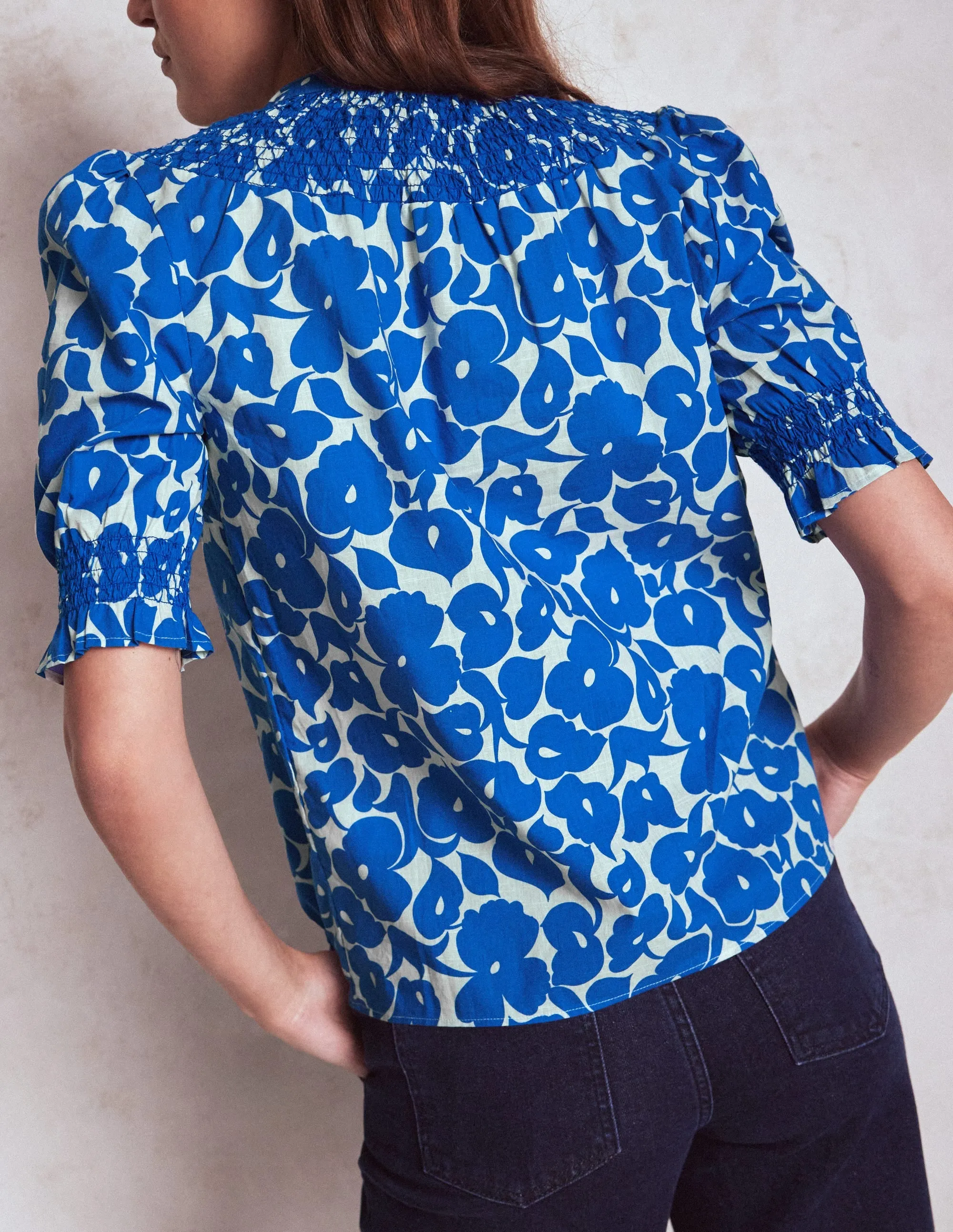 Effie Short Sleeve Top-Bright Blue, Leafy Grove TaglessComfort