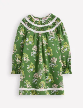 Removable-Straps Pretty Lace Trim Jersey Dress-Green Woodland Floral