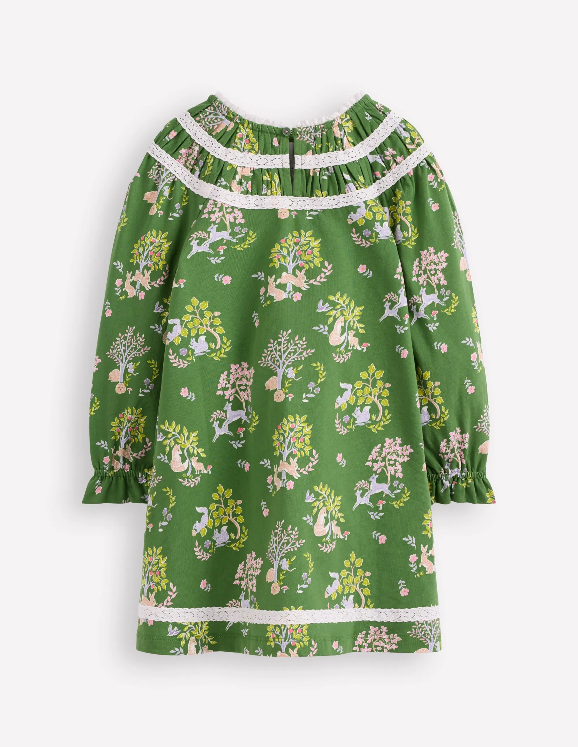 Timeless elegance Pretty Lace Trim Jersey Dress-Green Woodland Floral