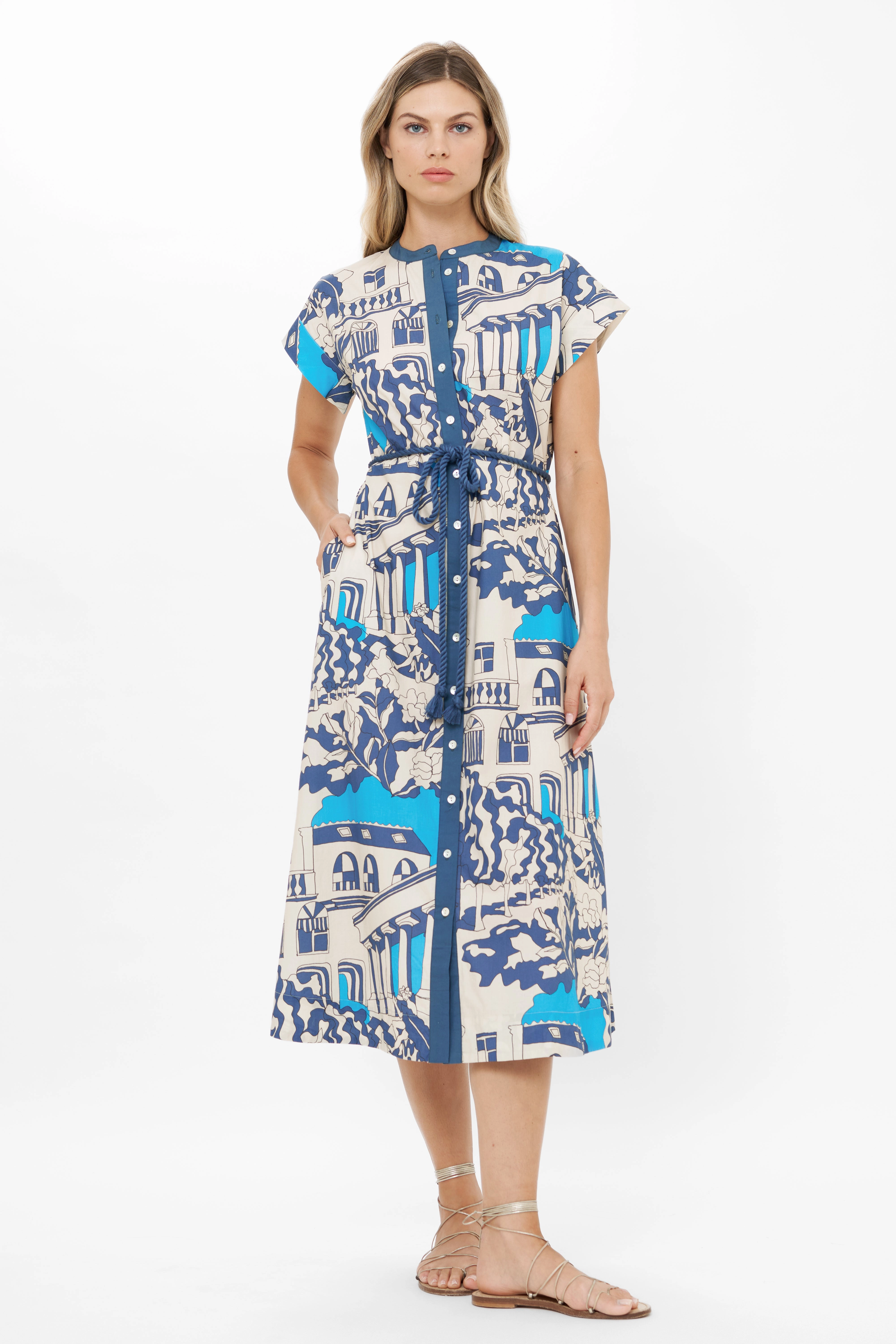 Graceful Ease Perfect For Work Cap Sleeve Shirt Dress Midi Roma Blue