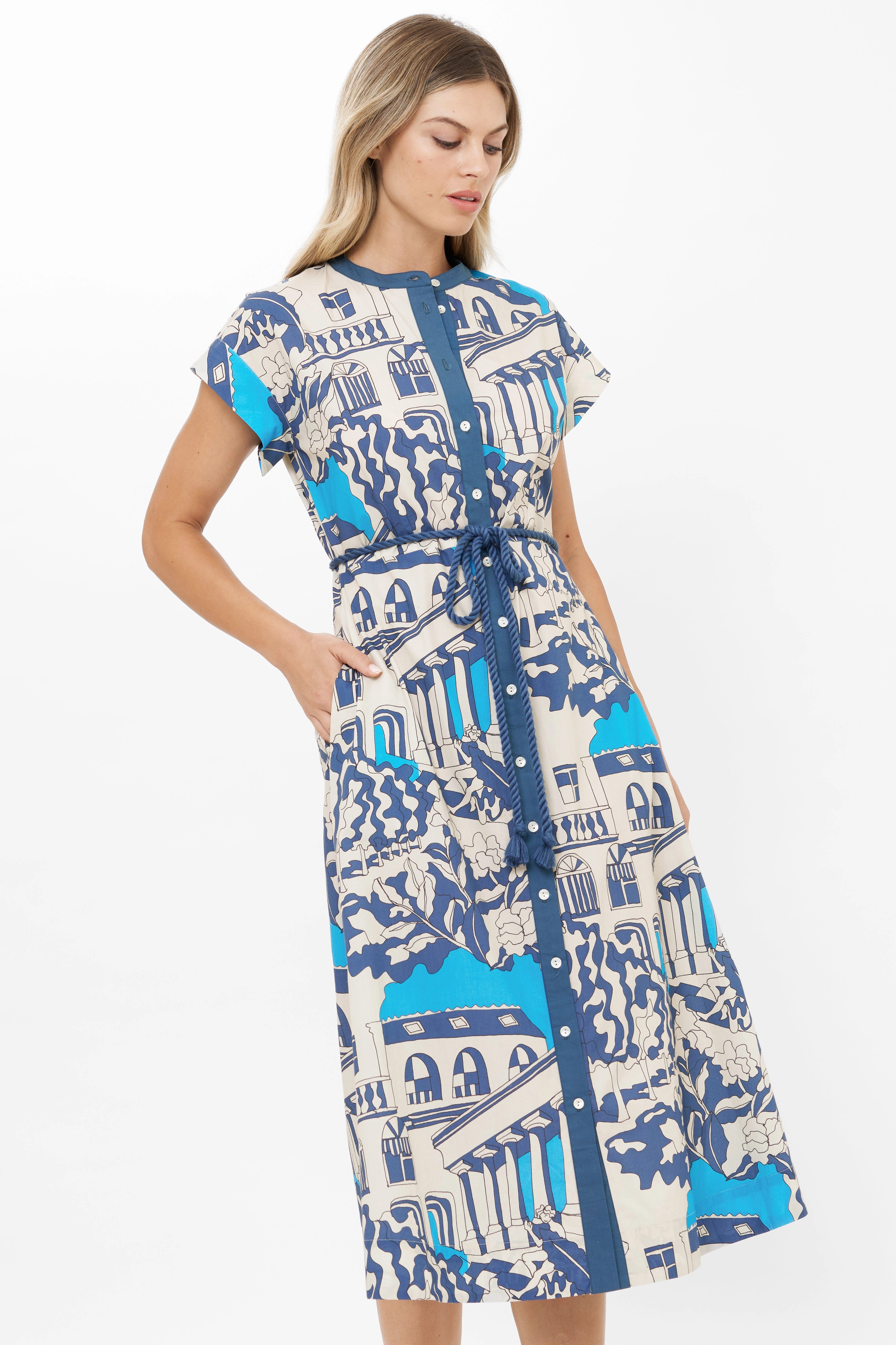 Feminine Look Trendy And Comfortable Cap Sleeve Shirt Dress Midi Roma Blue