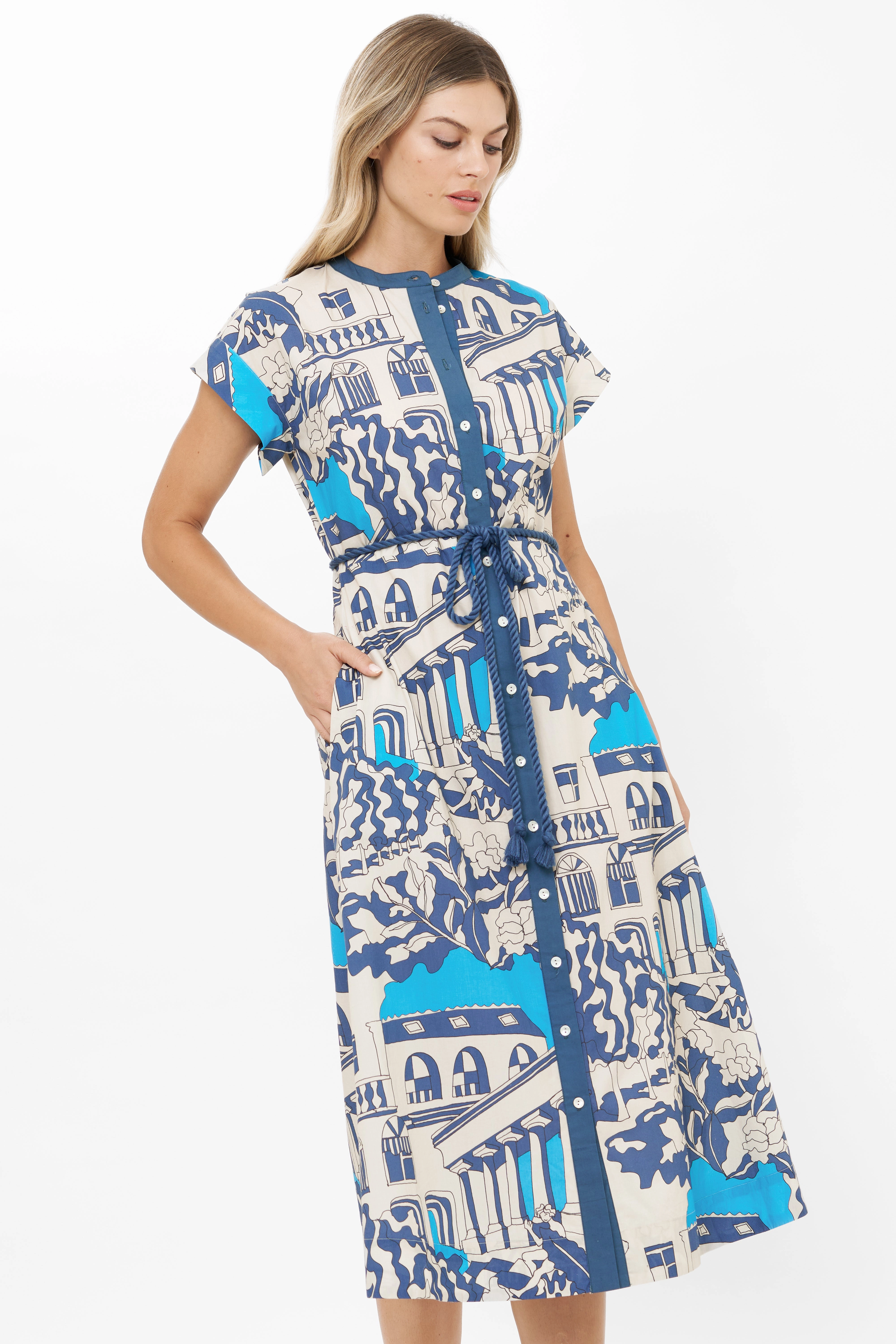 Light Fit Adjustable-Length Cap Sleeve Shirt Dress Midi Roma Blue
