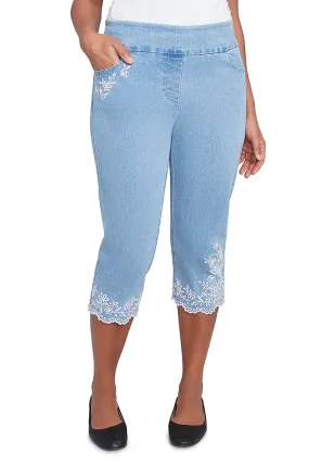 Perfectly Relaxed Moisture Management Flower Power Embroidered Denim Capri Pant
