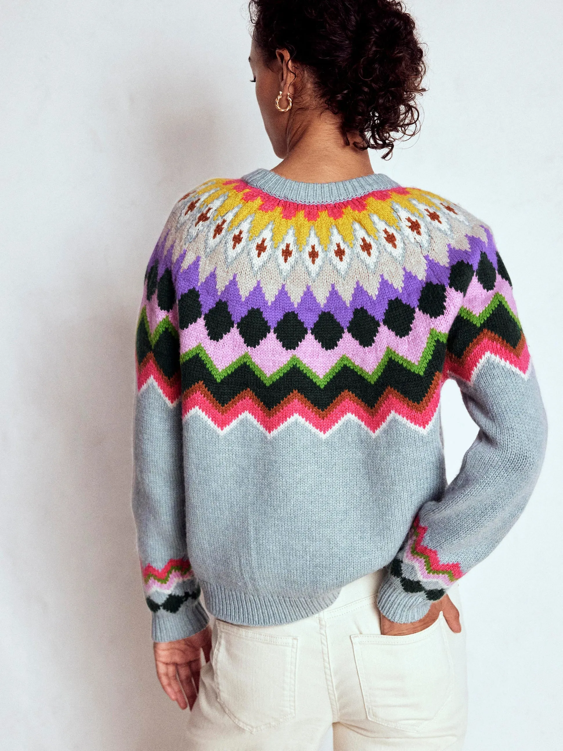 Interlock Ribbed Collar Urban Fashion Eleanor Fair Isle Jumper-Tourmaline Blue Melange