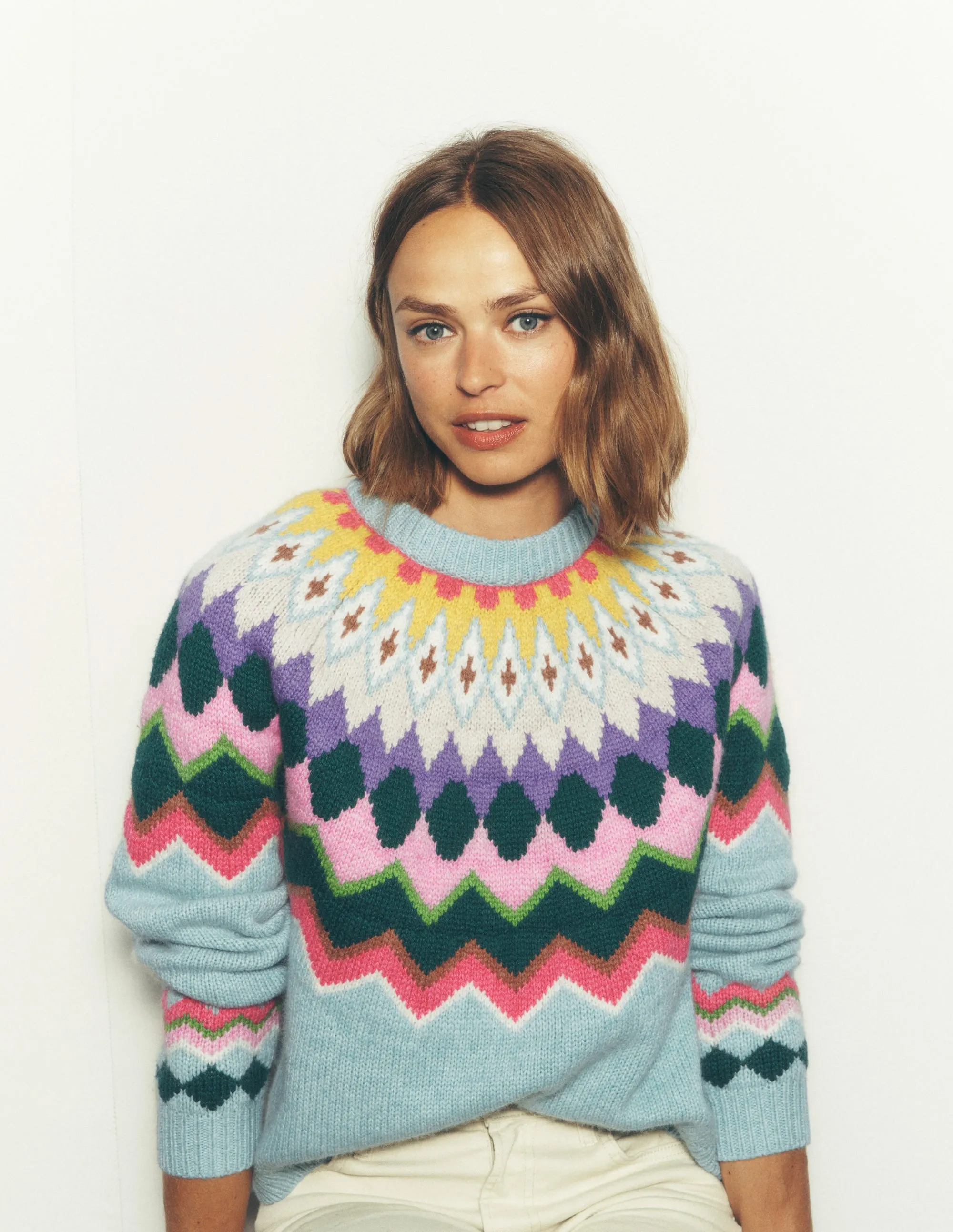 AntiStatic Coating Breathable mesh panel Eleanor Fair Isle Jumper-Tourmaline Blue Melange