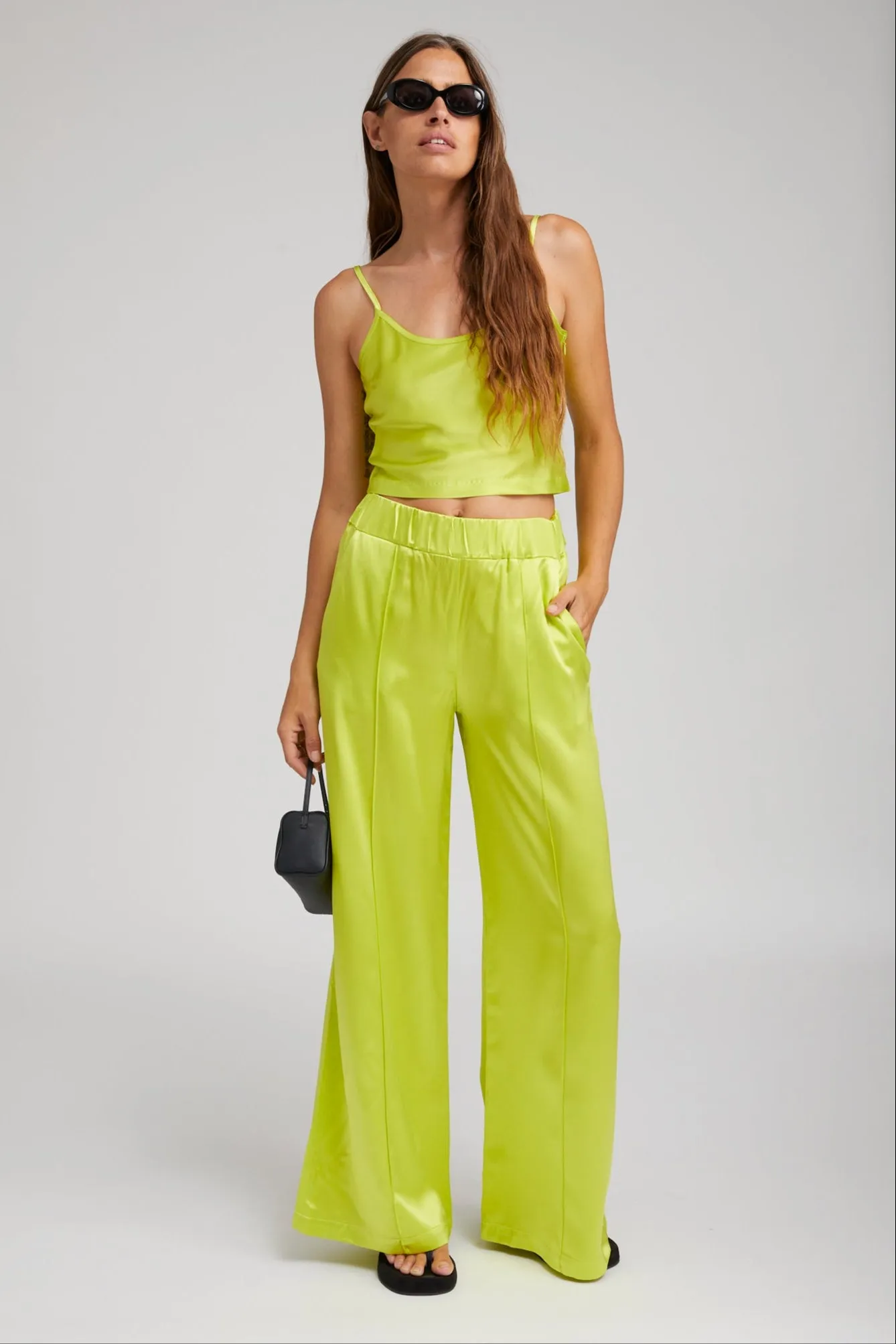 Sporty Layers Smart Fit Electric Chartreuse Silk Wide Leg Pintuck Pants