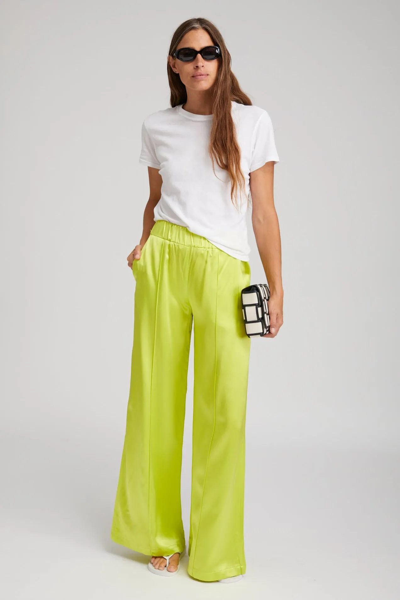 Essential Wear Electric Chartreuse Silk Wide Leg Pintuck Pants