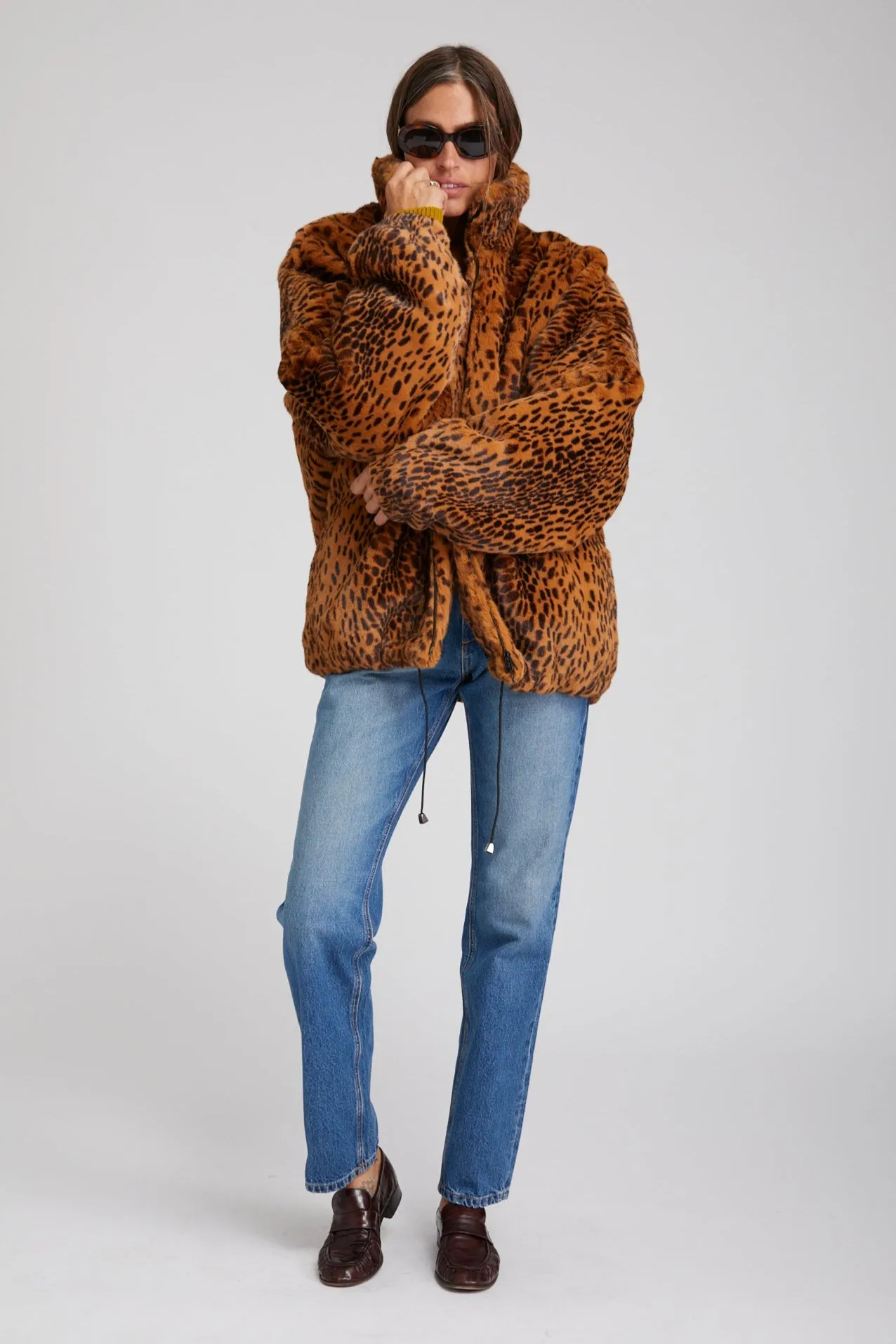 Practical Cold Piece Toffee Leopard Faux Fur Oversized Jacket
