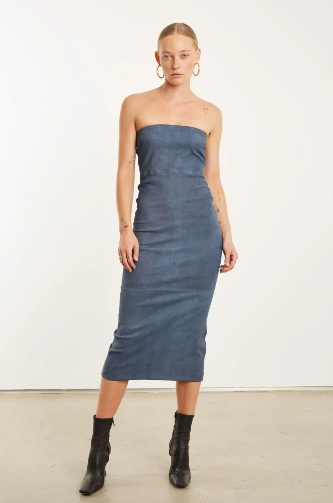 Printed-Lining Denim Suede Tube Dress