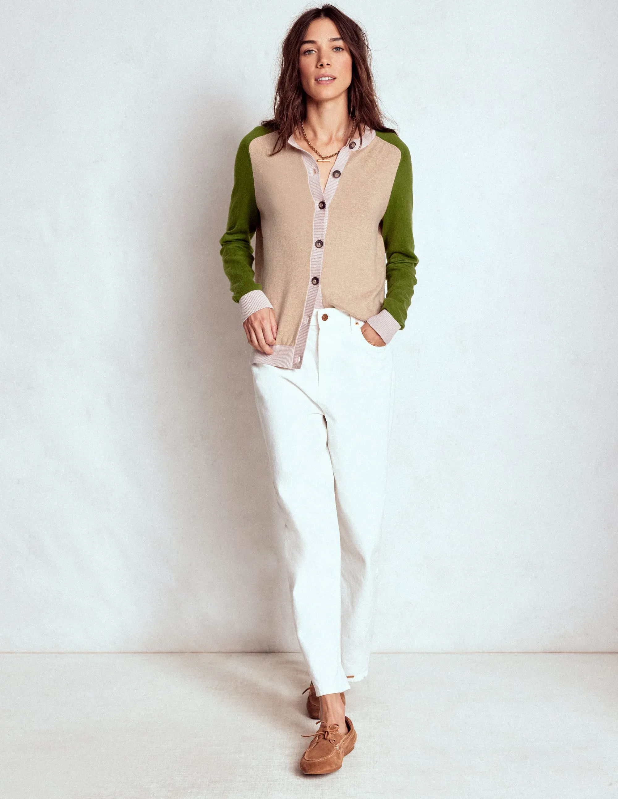 AntiPilling Technology Meg Raglan Sleeve Cardigan-Oatmeal, Green Colour Block
