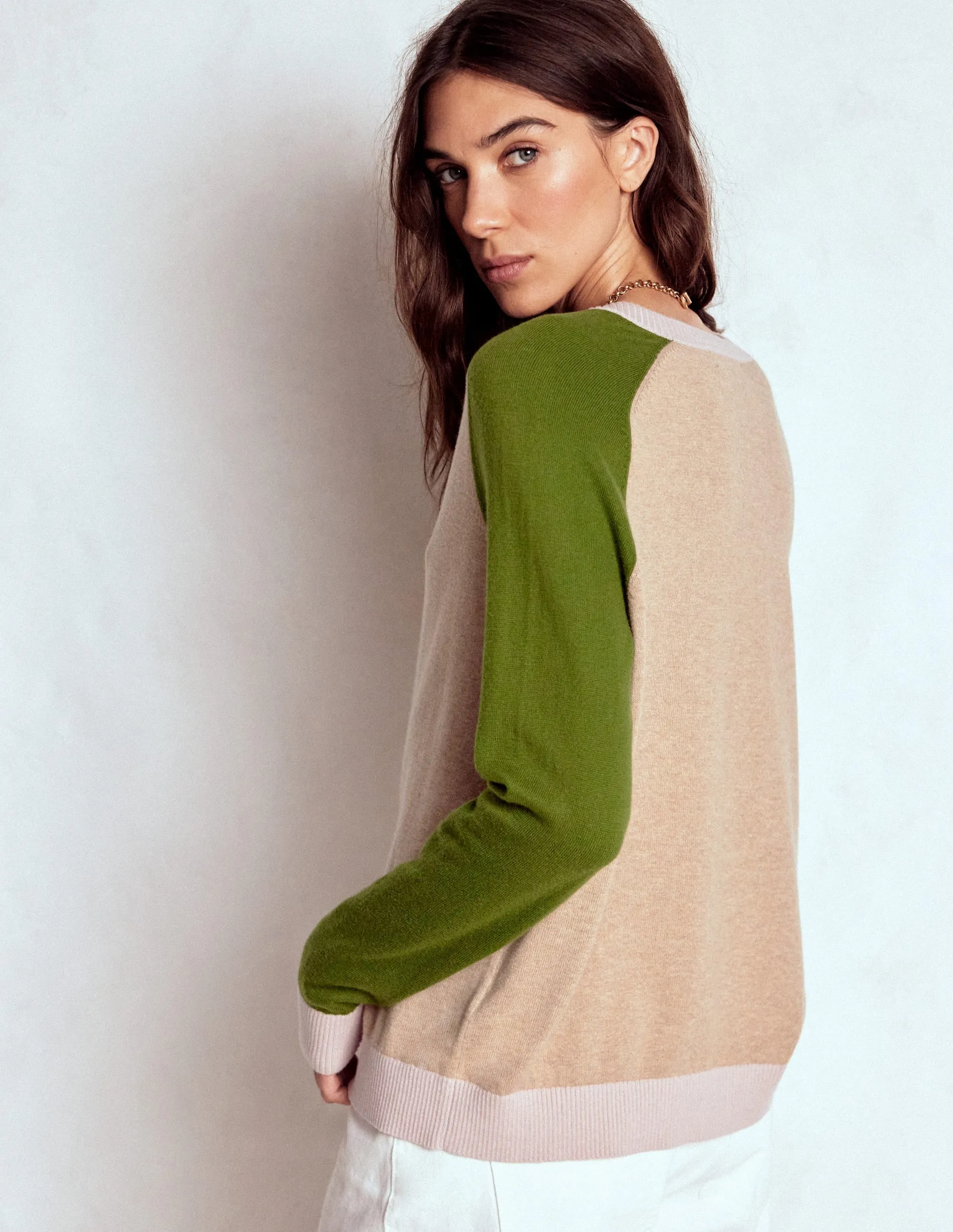 Off Duty Office Friendly Meg Raglan Sleeve Cardigan-Oatmeal, Green Colour Block