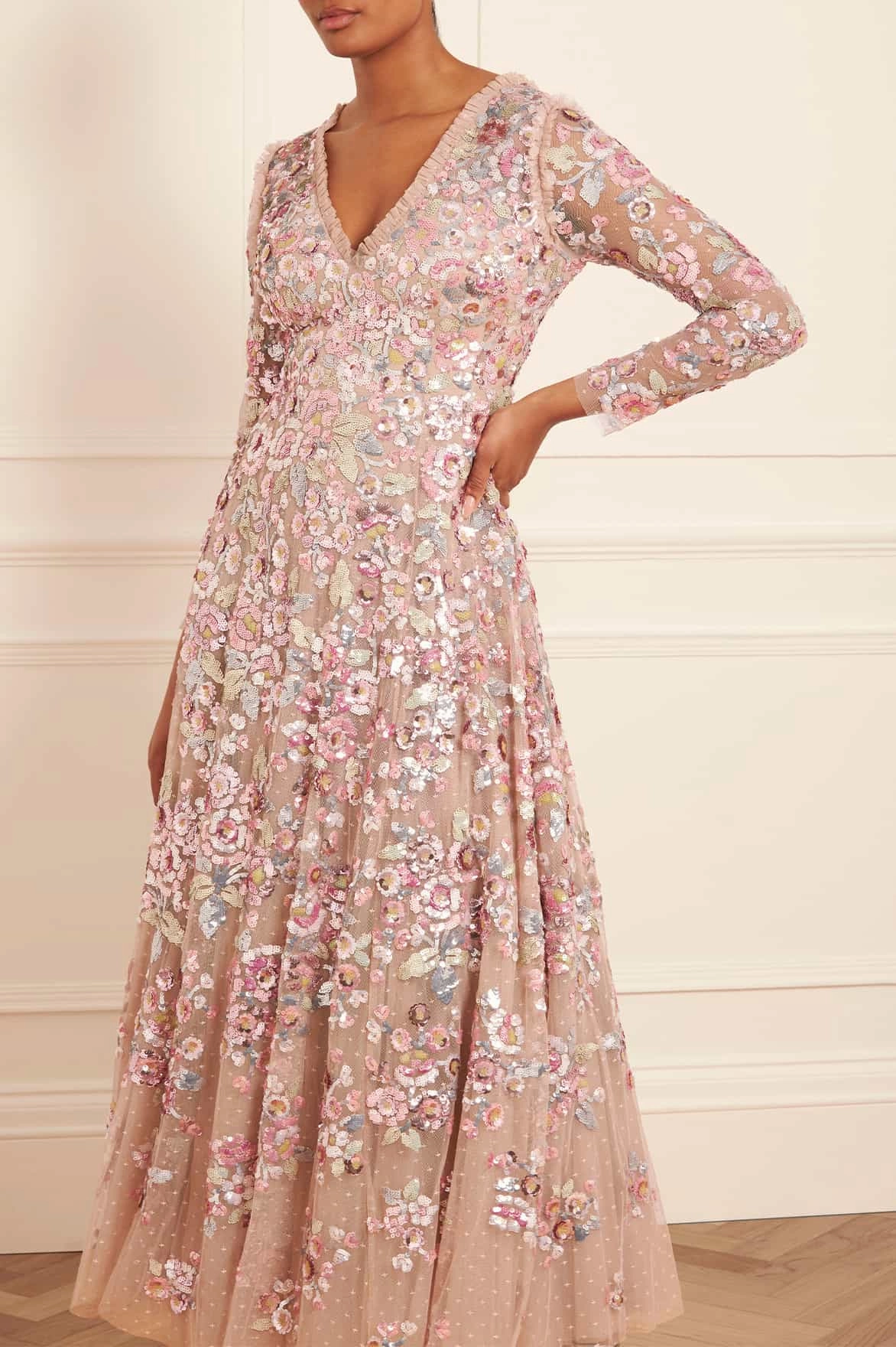 Sequin Paradise Long Sleeve Gown Versatile Cut Ruffle Detail