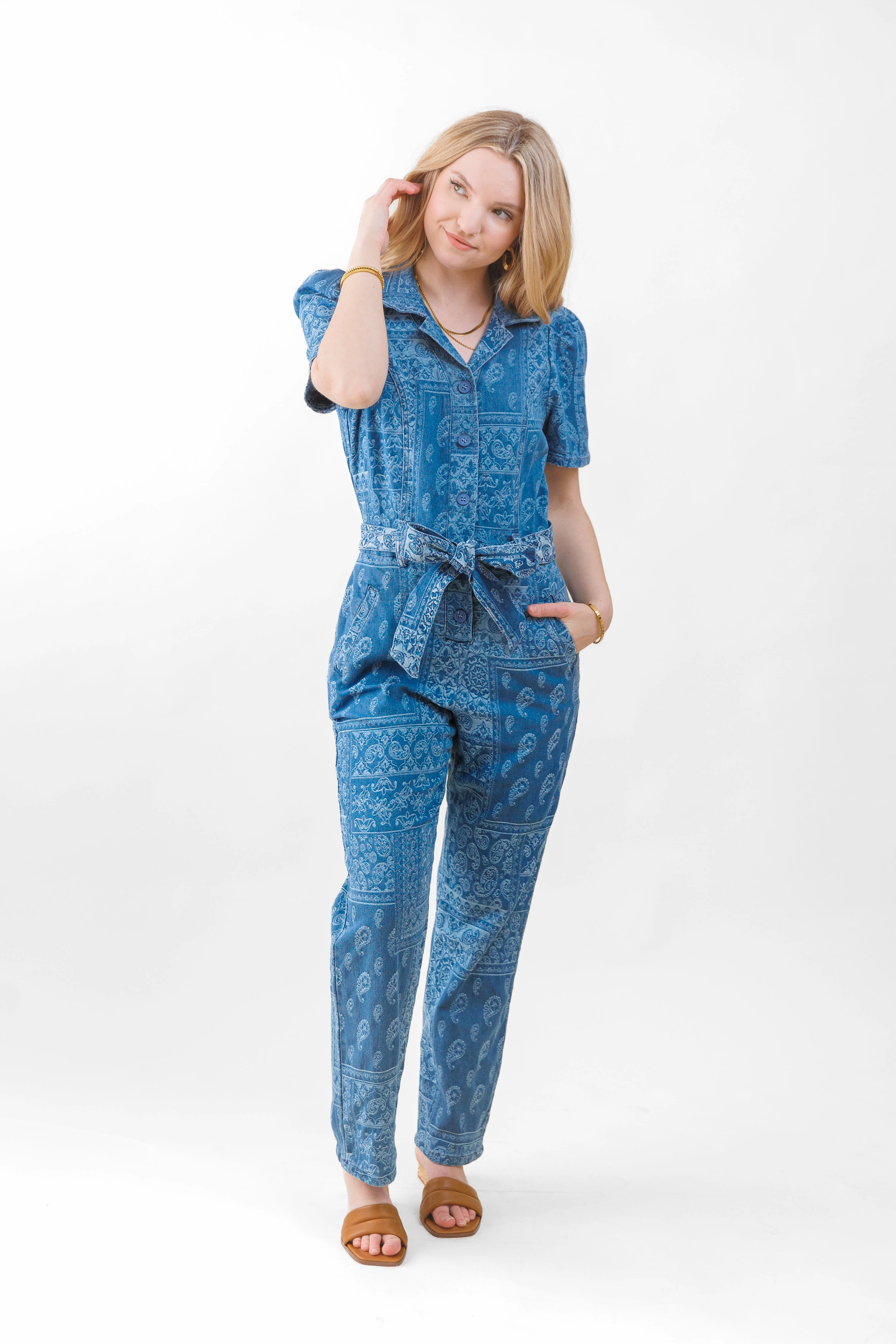 Sunny Vibes Teen Outfit Summer Vibes Seasonless wear ELIZA DENIM JACQUARD JUMPSUIT