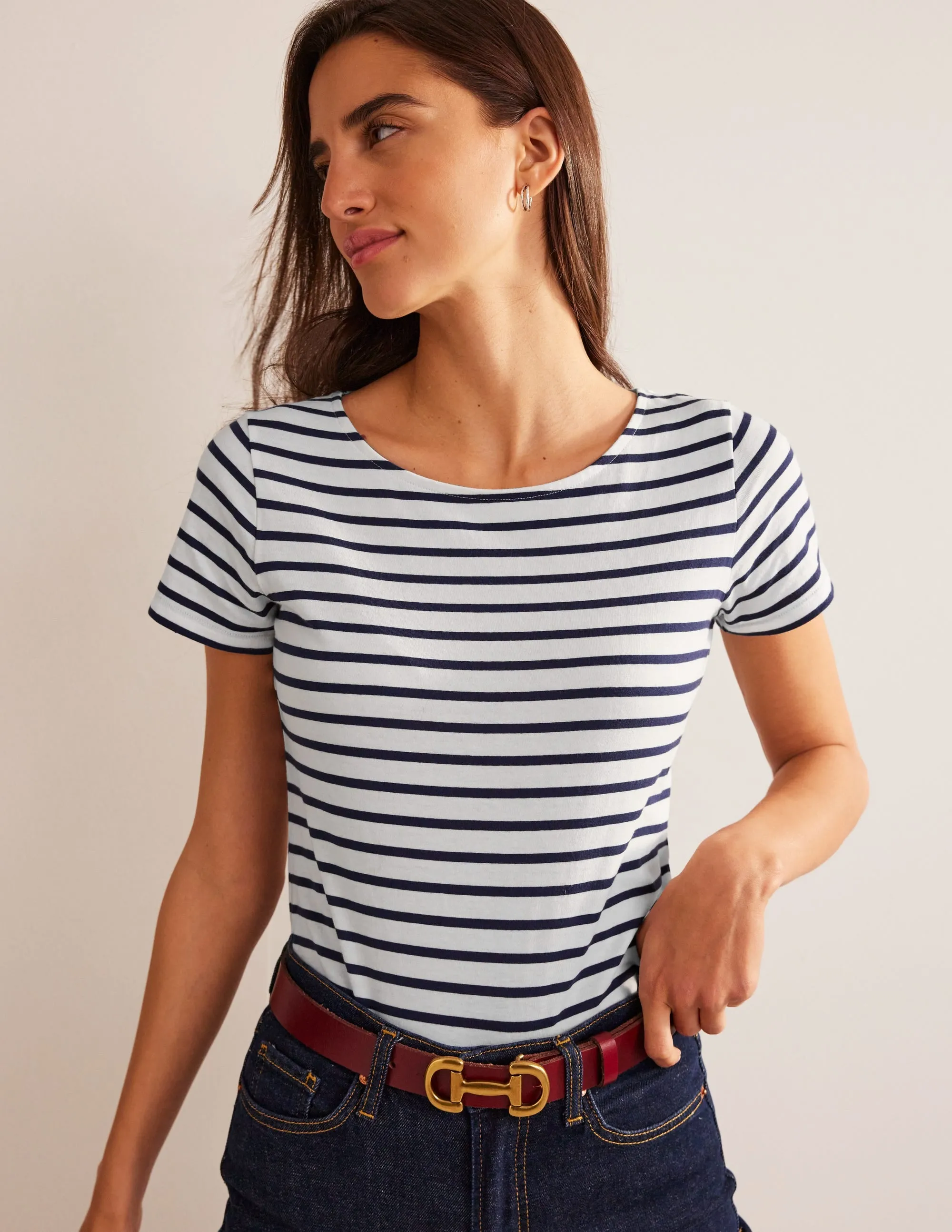Ribbed Trim Ella Short Sleeve Breton-Ivory, Navy